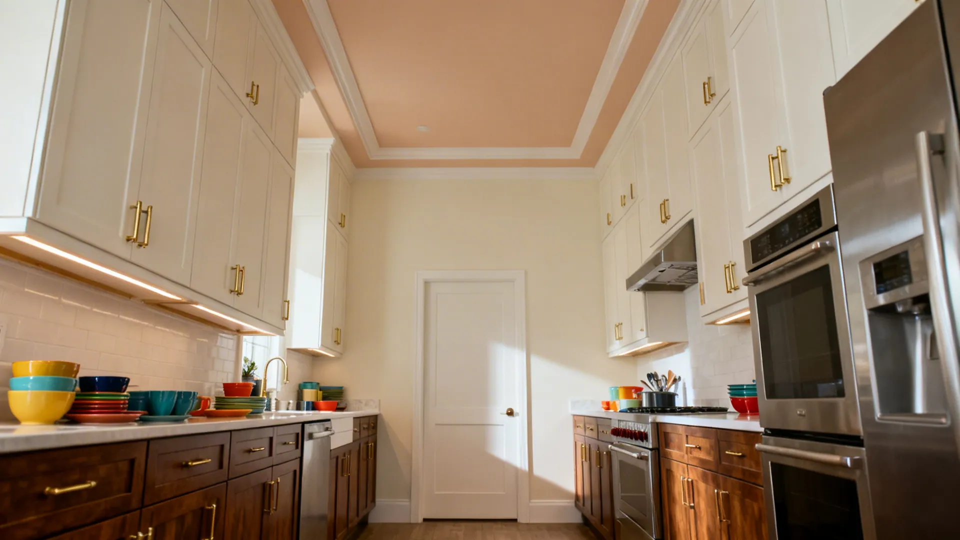Compact kitchen with warm white uppers, walnut lowers, and brass hardware for added depth.