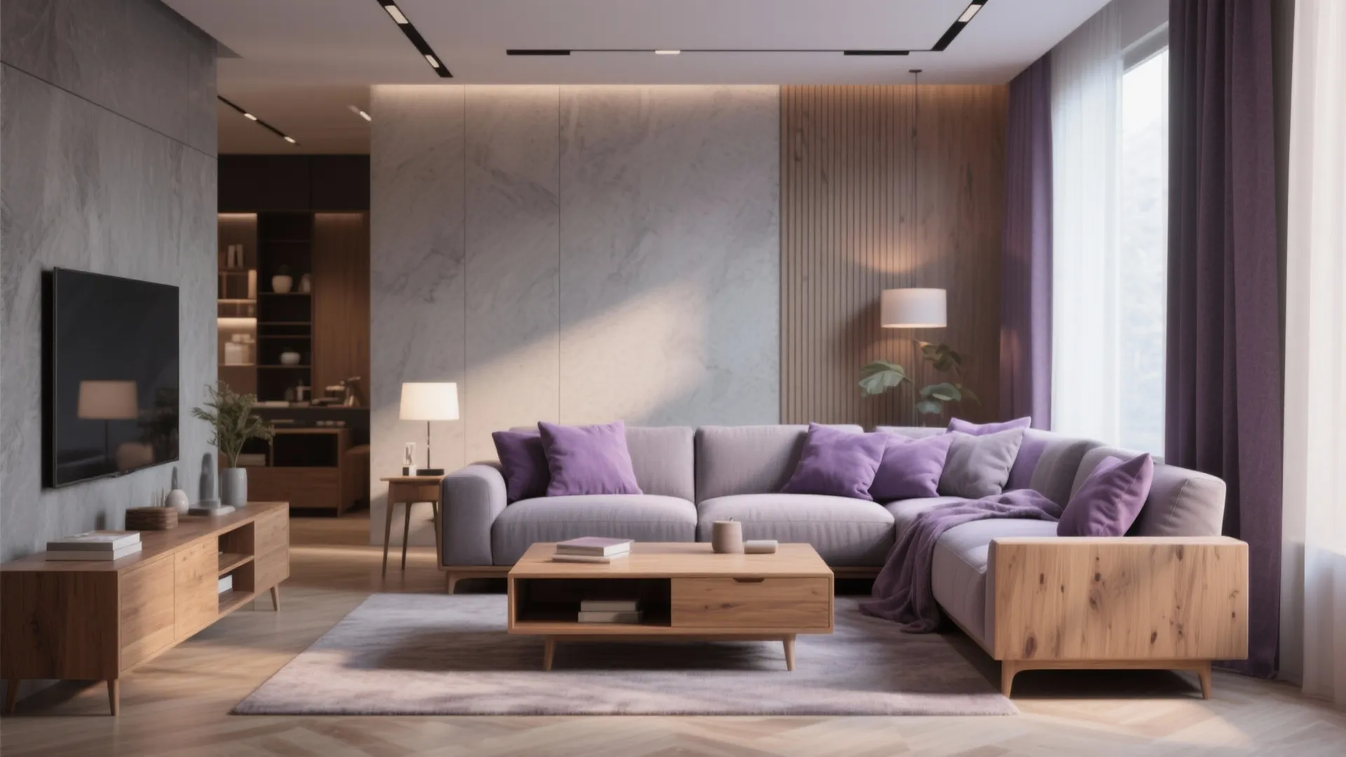 8. Warm Wood Touches with Gray and Purple Textiles