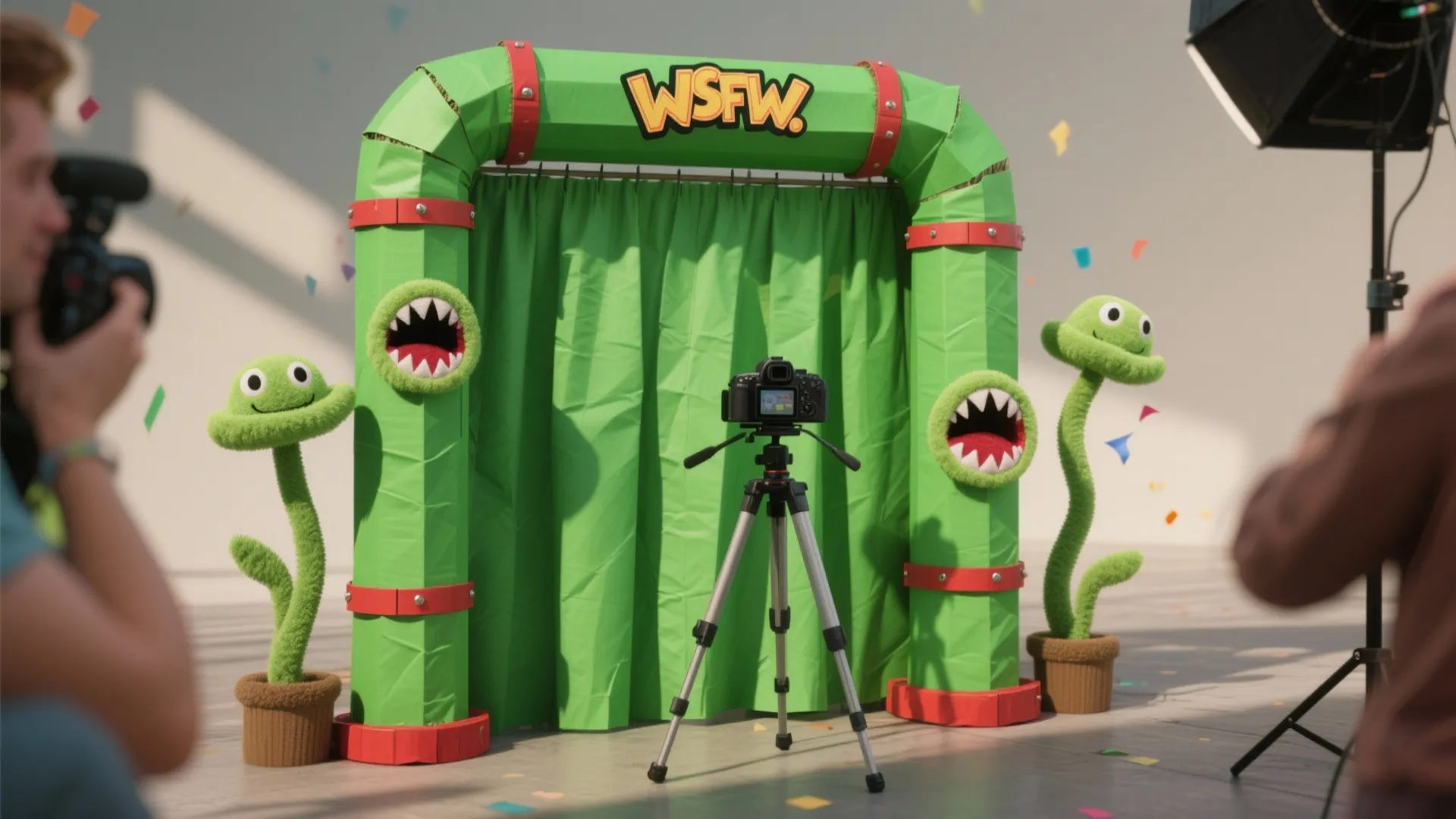 Green pipe booth with green curtain camera on tripod and small green monster plants nearby