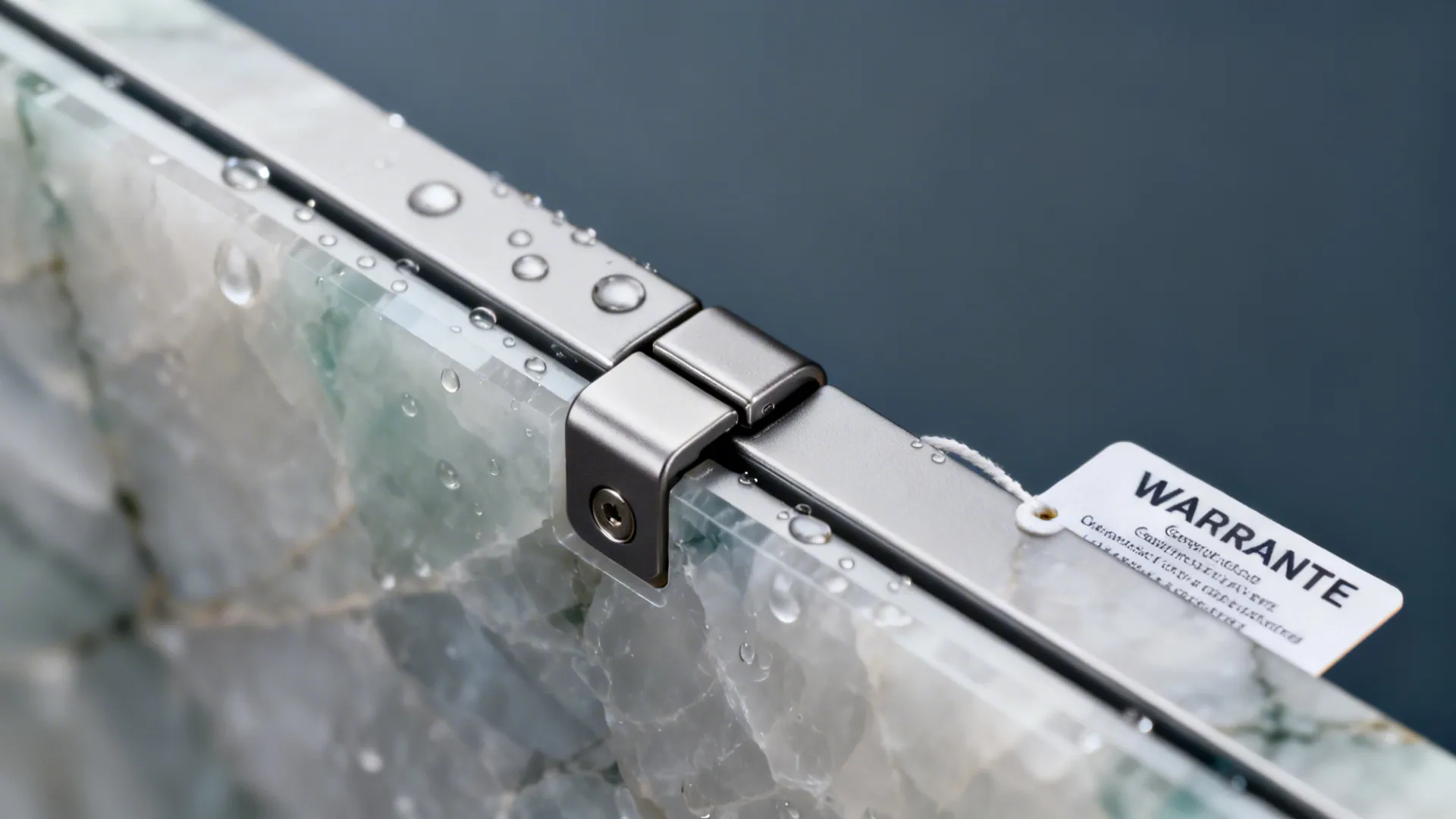 Macro of premium hinge and polished quartz edge with water beading to suggest durability.