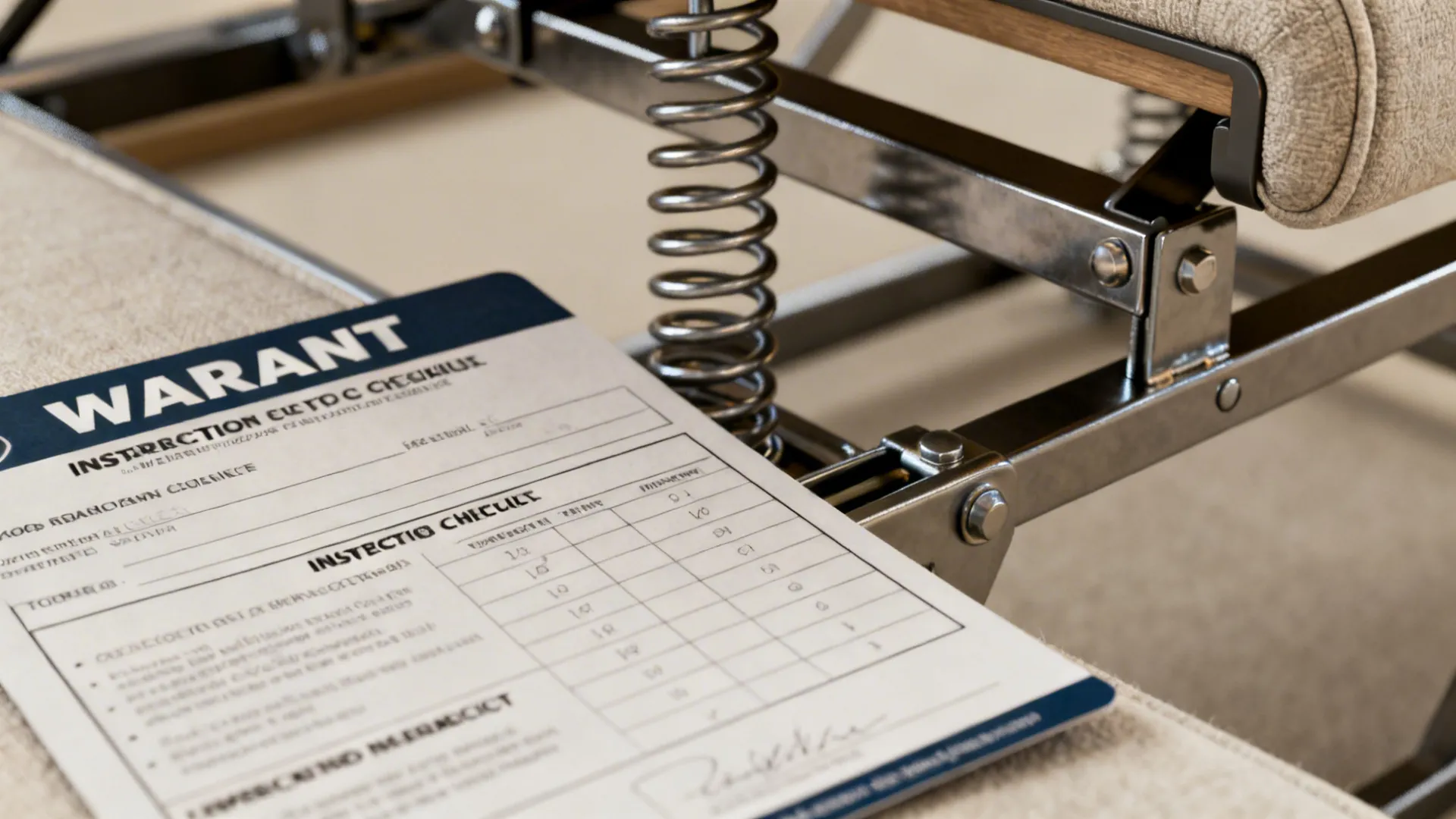 Close-up of recliner mechanism, warranty card and inspection checklist on a table
