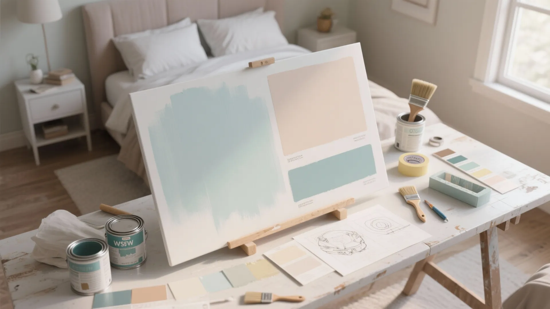 Interior design workspace with paint swatches on canvas plus brushes and cans on wooden desk