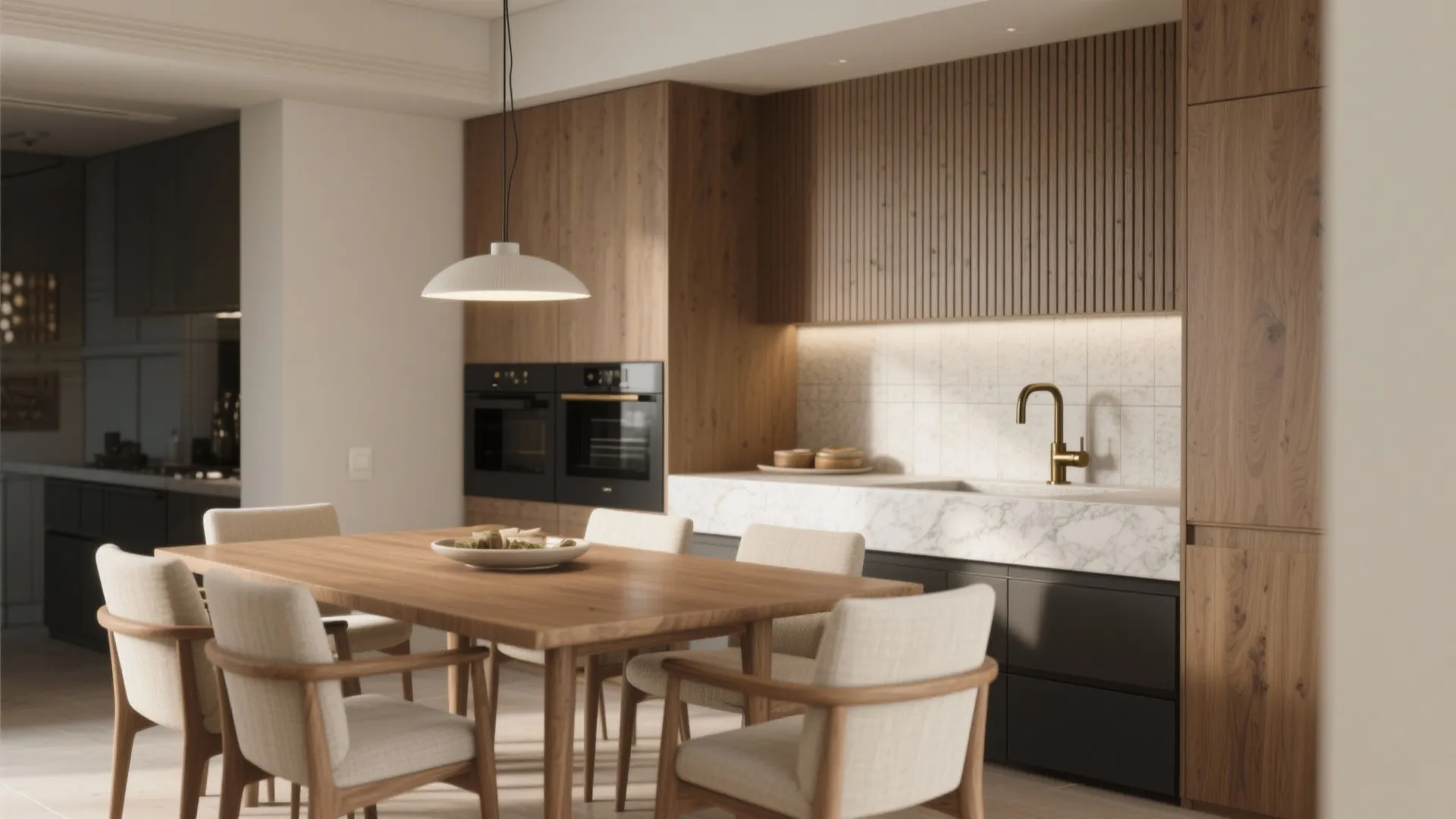 Wooden dining table and chairs with white ceiling light and modern kitchen in the background