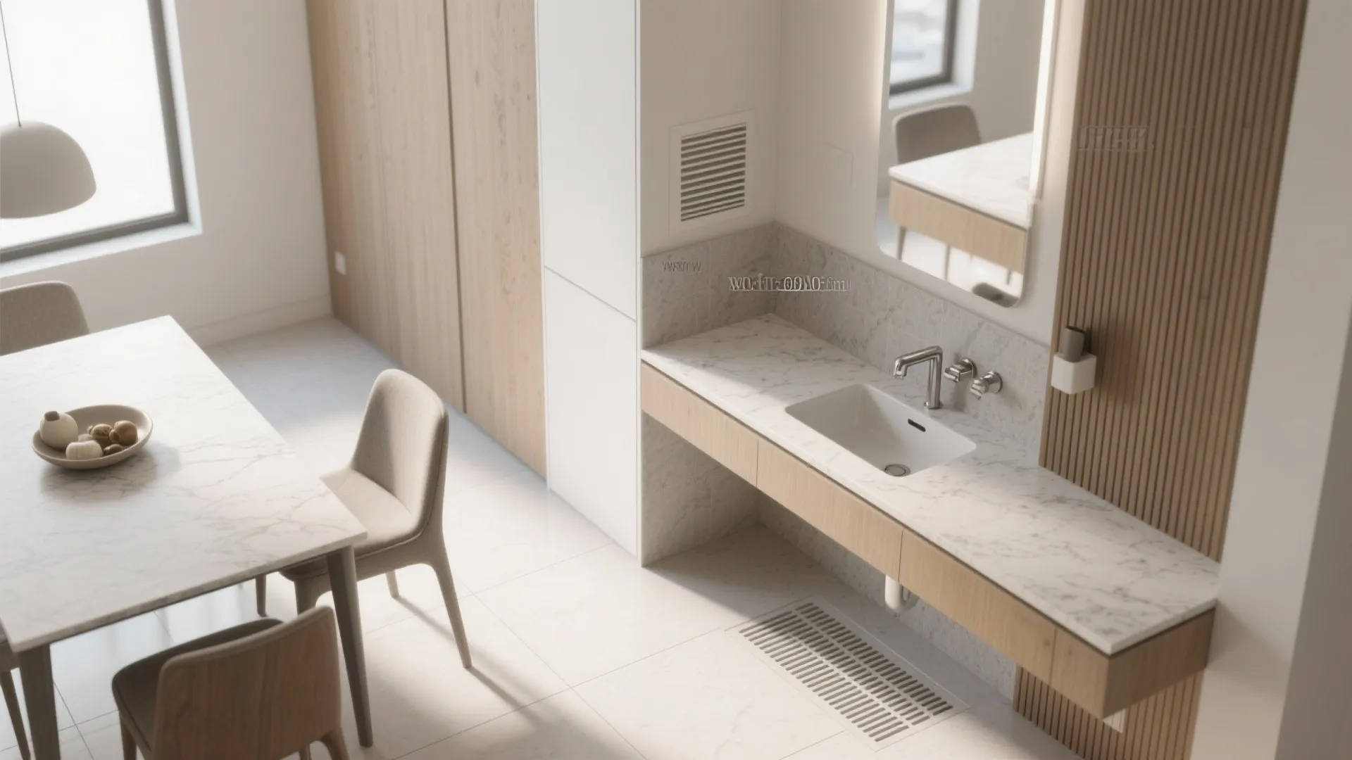 Top-down view of a dining layout with a nearby wash basin, splashback, floor drain slope, and ventilation for a clean wet zone.