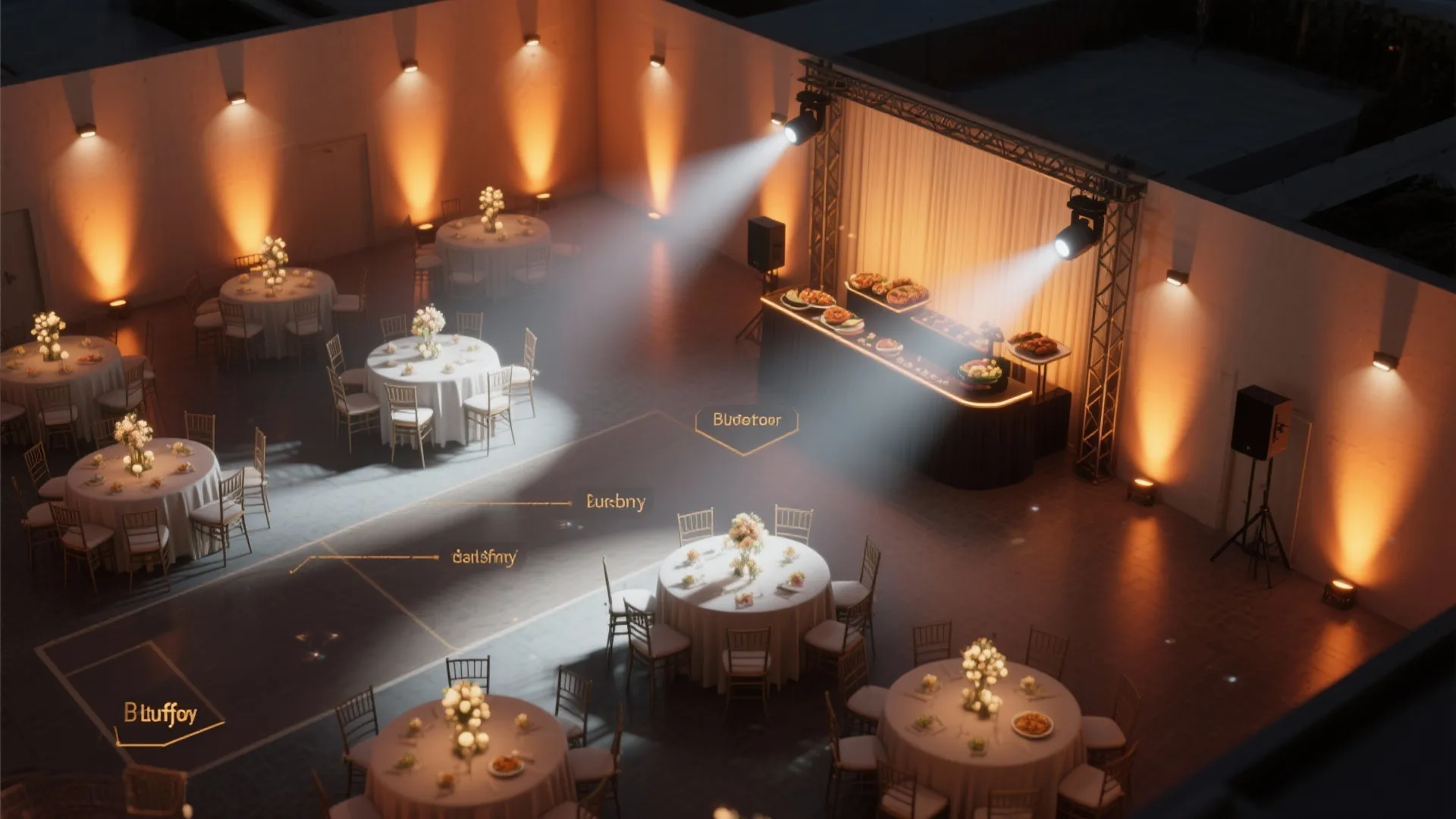 Top-down plan showing warm wall washes and pin-spot beams aimed at tables for balanced layers.