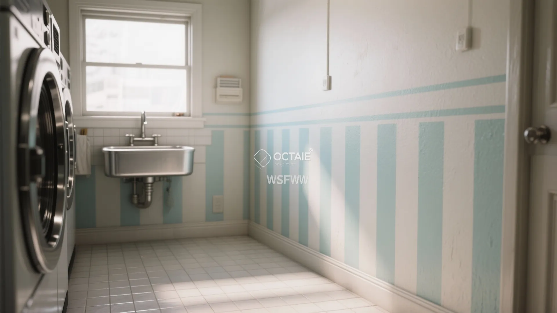 Laundry room with blue and white striped wall, metal sink, washing machine, and white floor