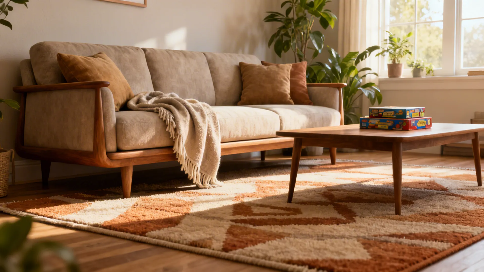 Cozy living room with a beige sofa wooden coffee table and brown patterned area rug