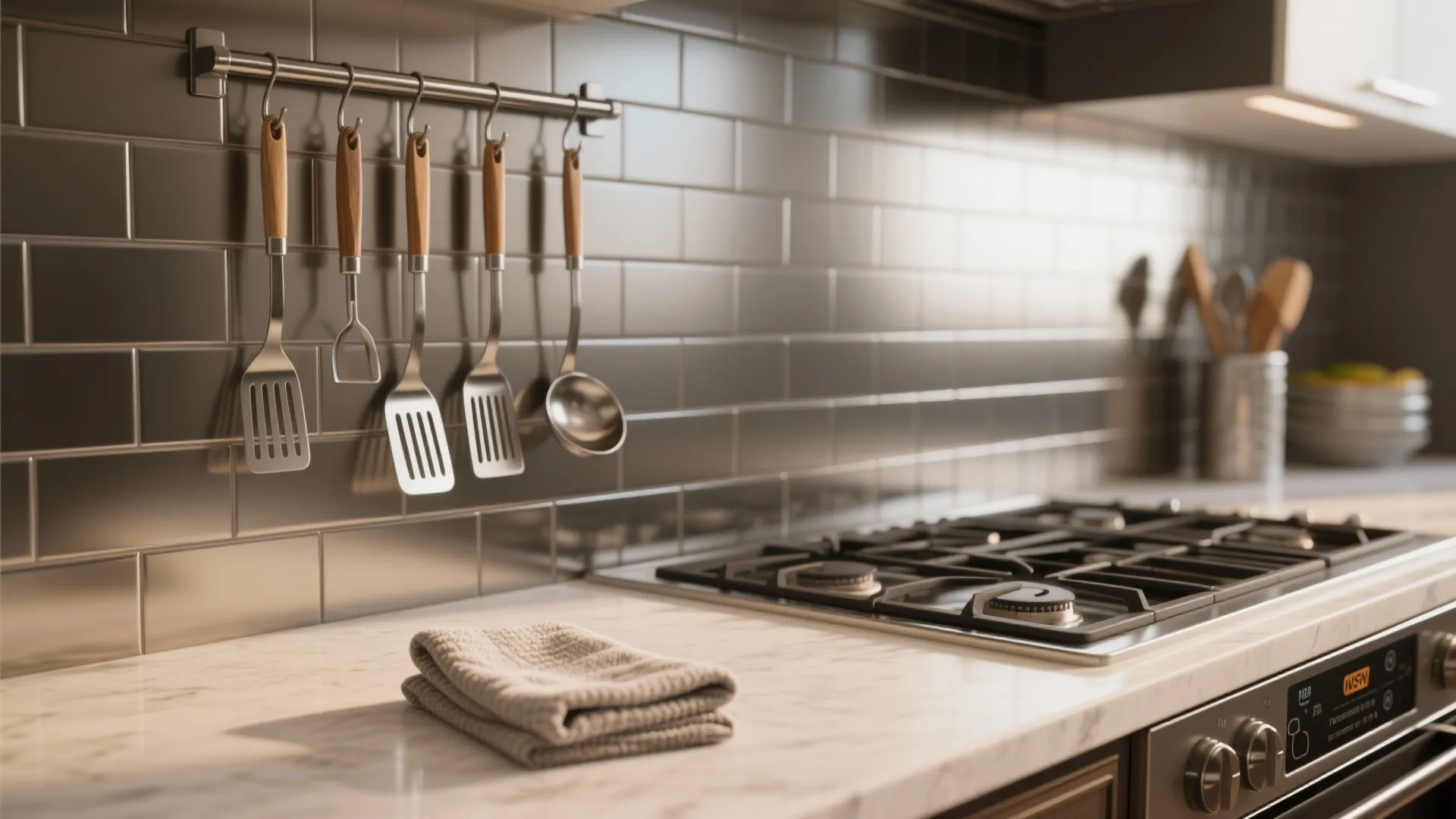 Close up of metal wall tiles behind kitchen stove with hanging cooking tools and marble