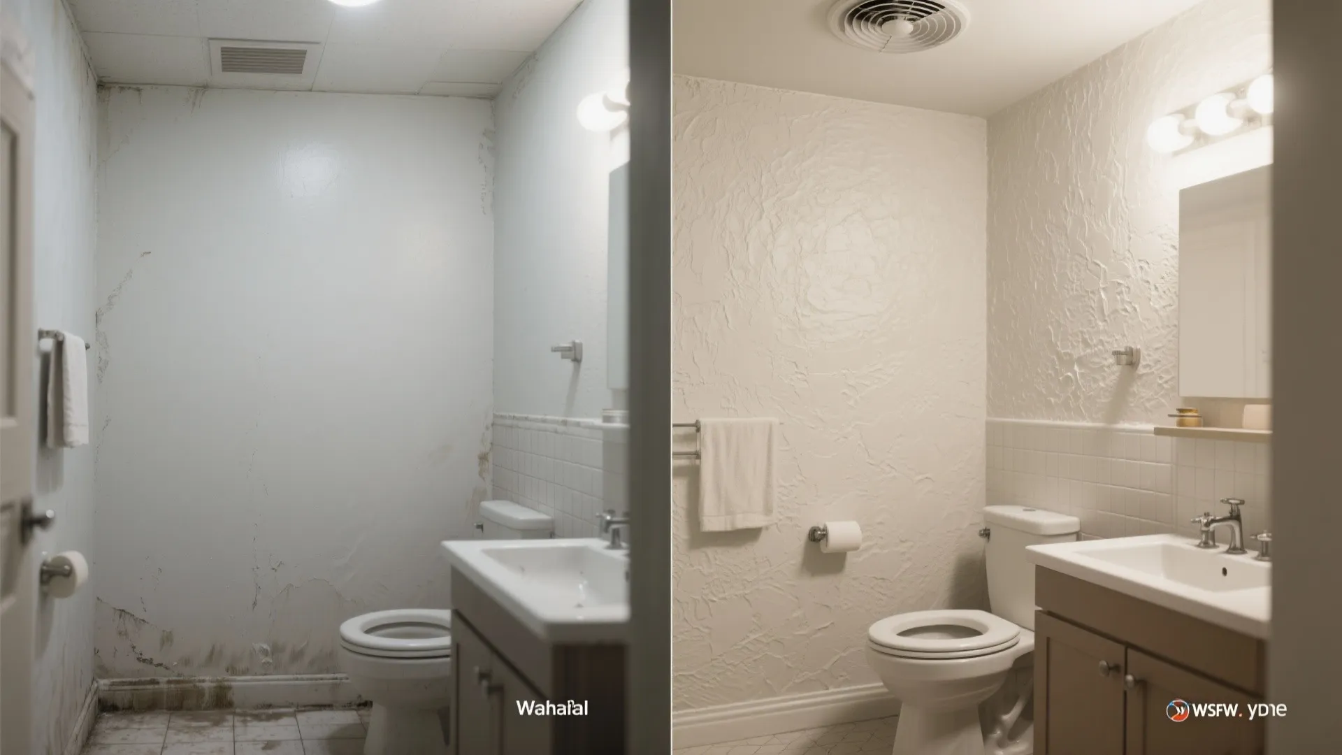 Before and after comparison of a bathroom showing dirty walls versus clean white textured finish