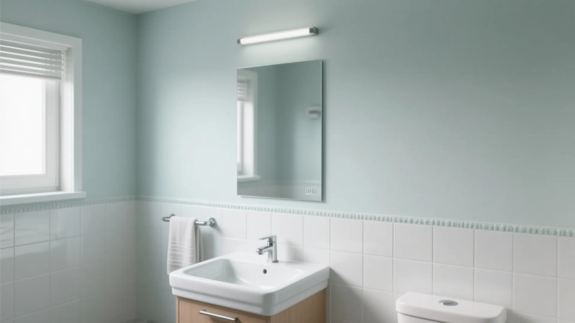 Clean bathroom with light blue walls white tiles square mirror sink and a wall light