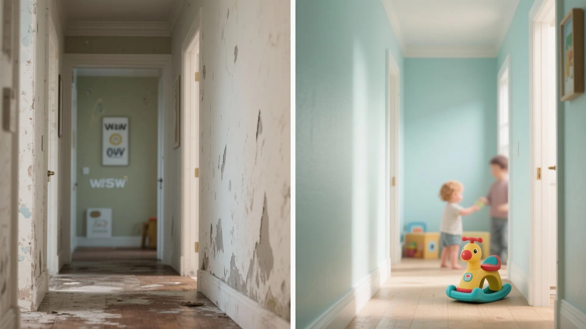 Before-and-after comparison showing a dirty hallway with peeling paint versus a clean blue renovated hallway