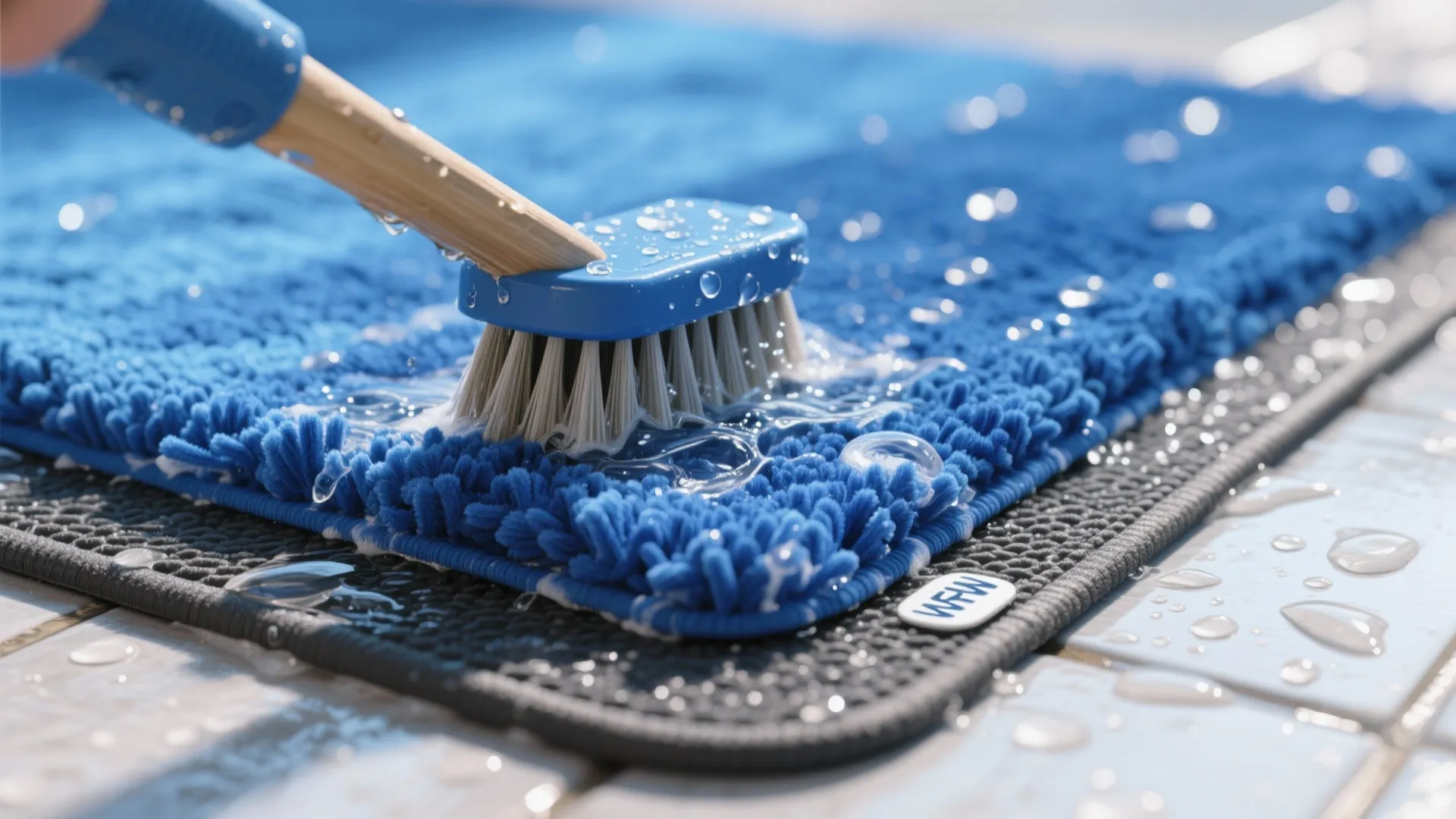 Blue soft rug being cleaned with a wooden brush and water on a grey base