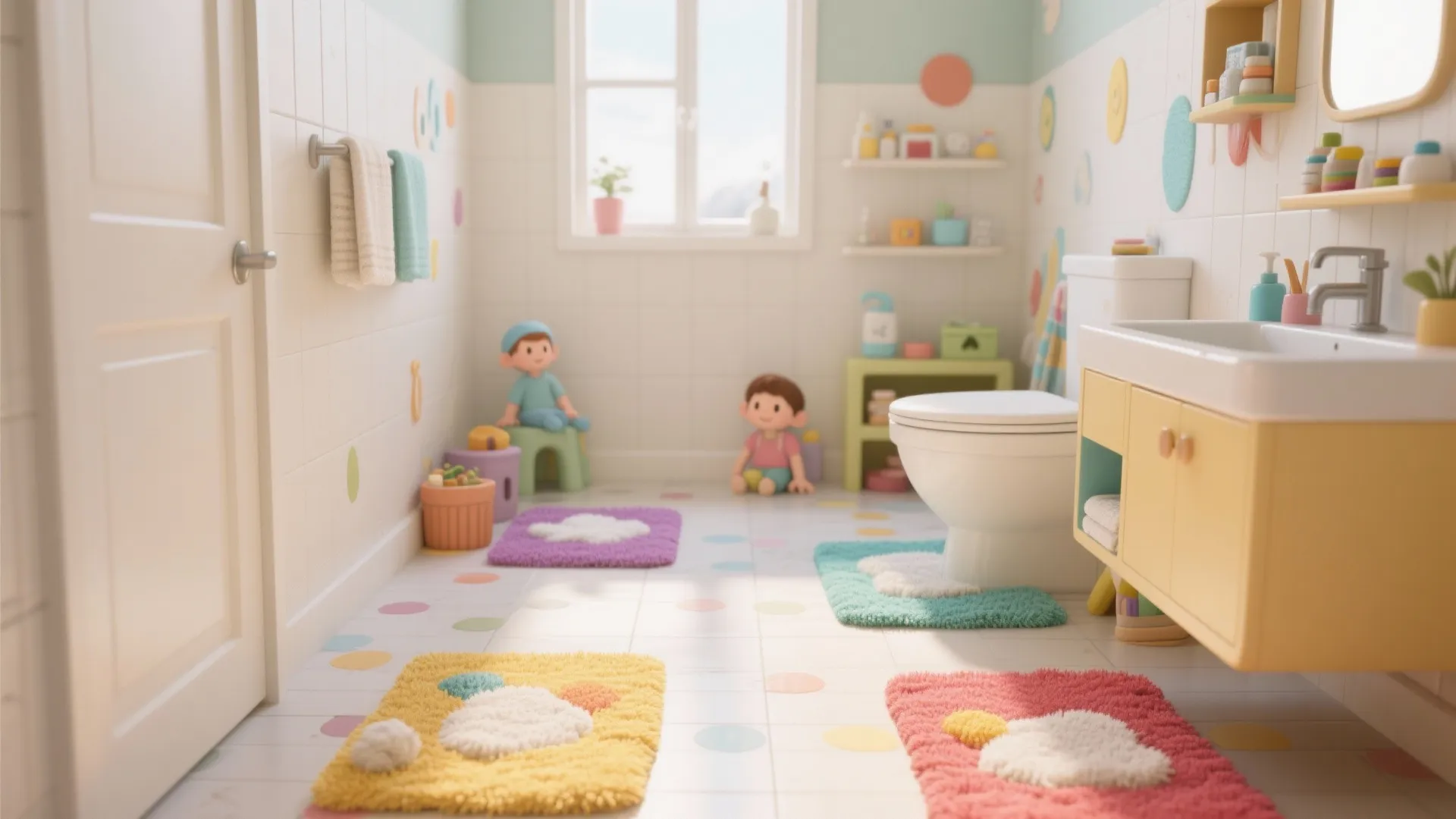 Colorful kid friendly bathroom with soft cloud shaped mats on white tile floor with toys