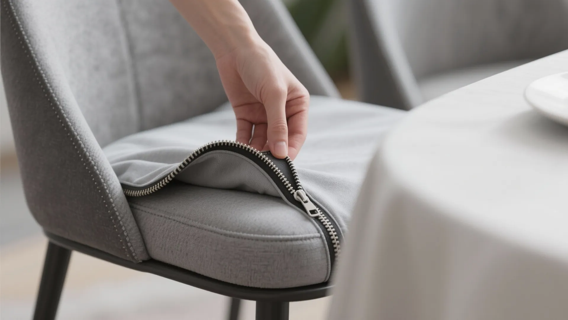 Close up of hand opening metal zipper on grey fabric chair seat cover for easy cleaning