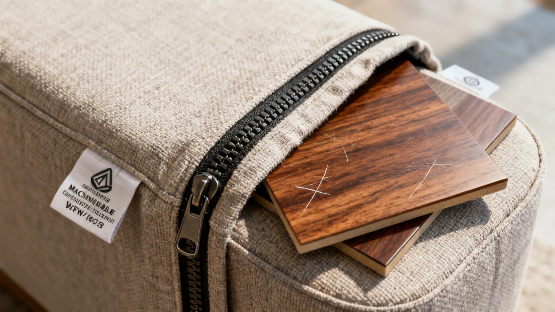Removable washable ottoman cover being unzipped showing fabric texture and care tags.