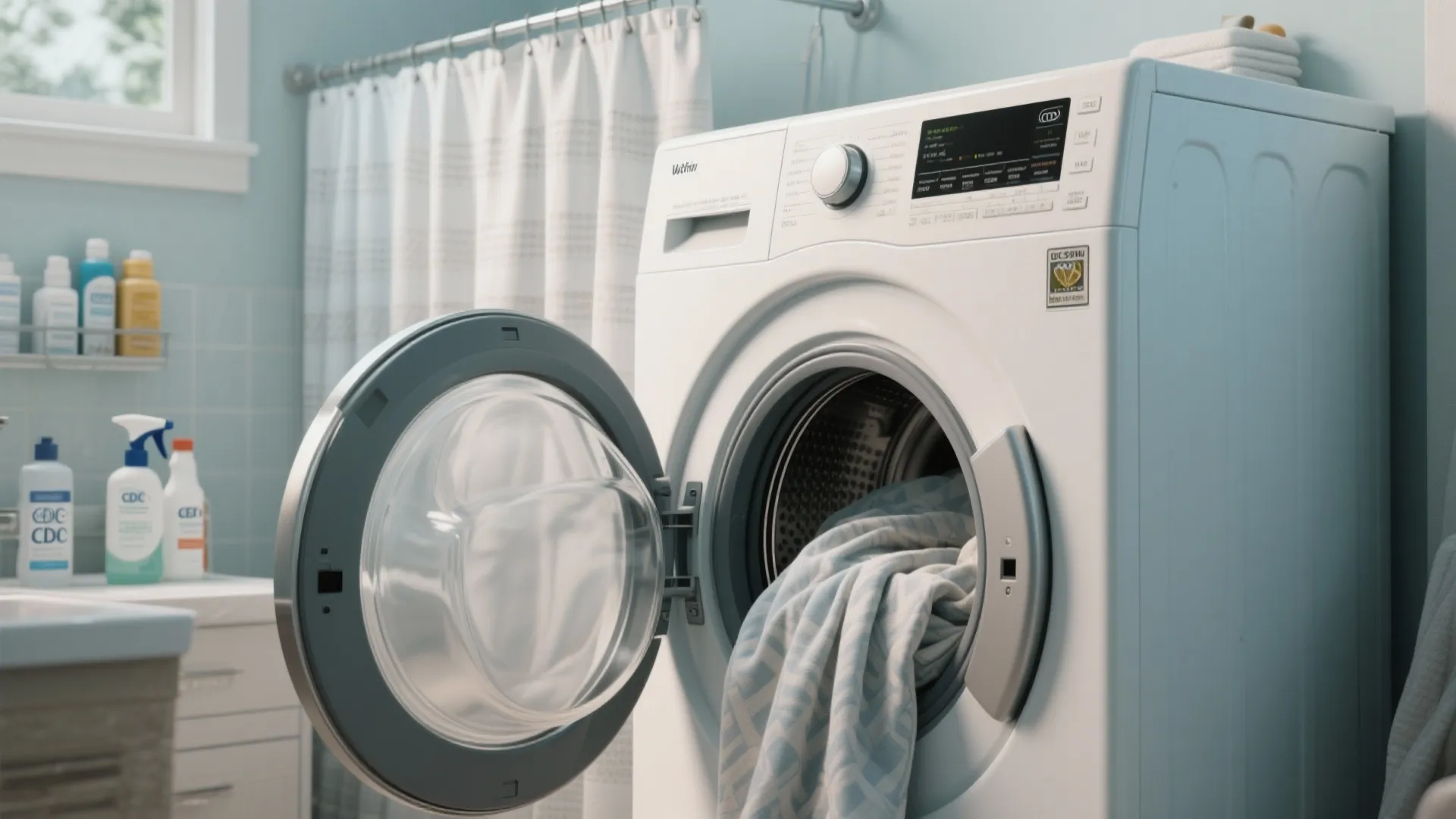 Modern white washing machine with an open door and light blue fabric inside a bathroom