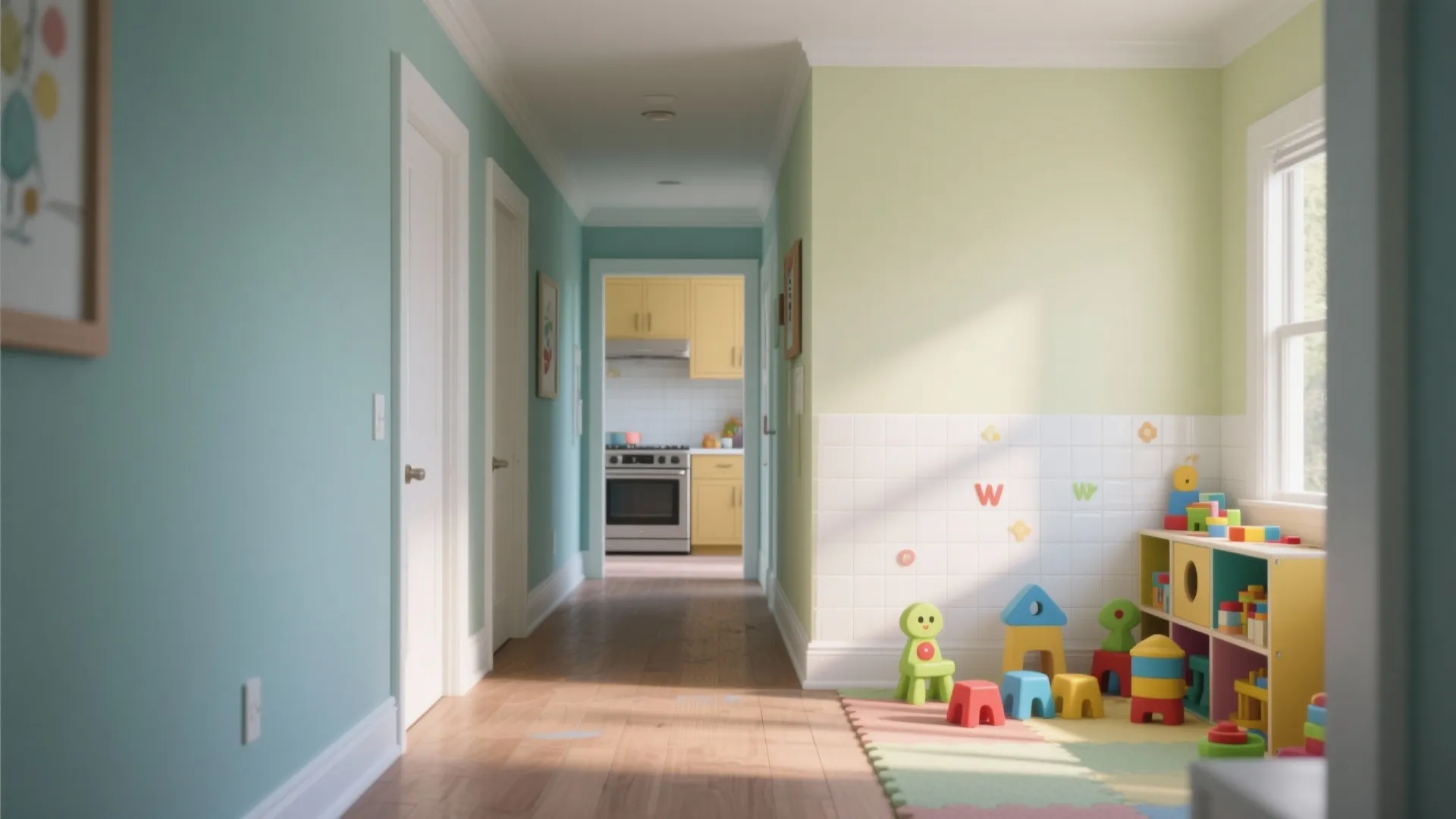 Blue hallway view leading to a yellow kitchen and a playroom with colorful toy blocks