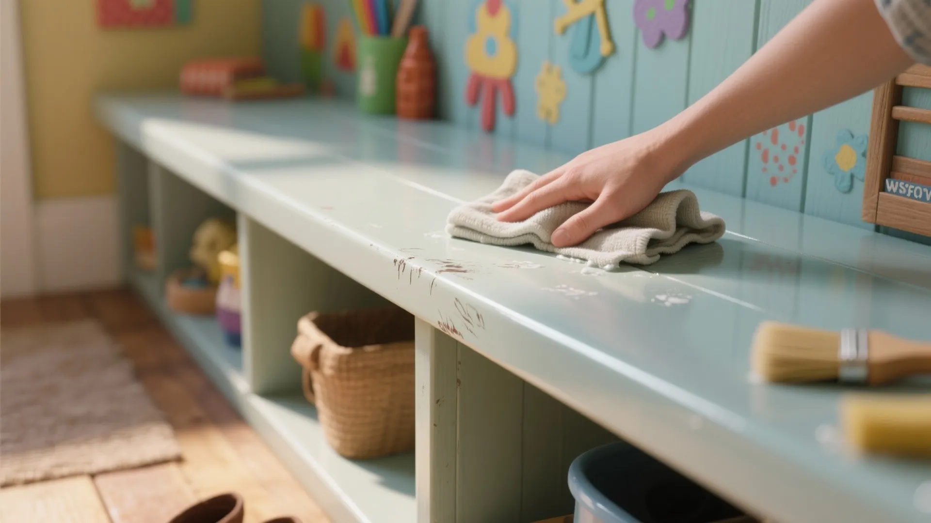 Hand wiping a dirty light blue wooden bench with a white cloth in a colorful playroom