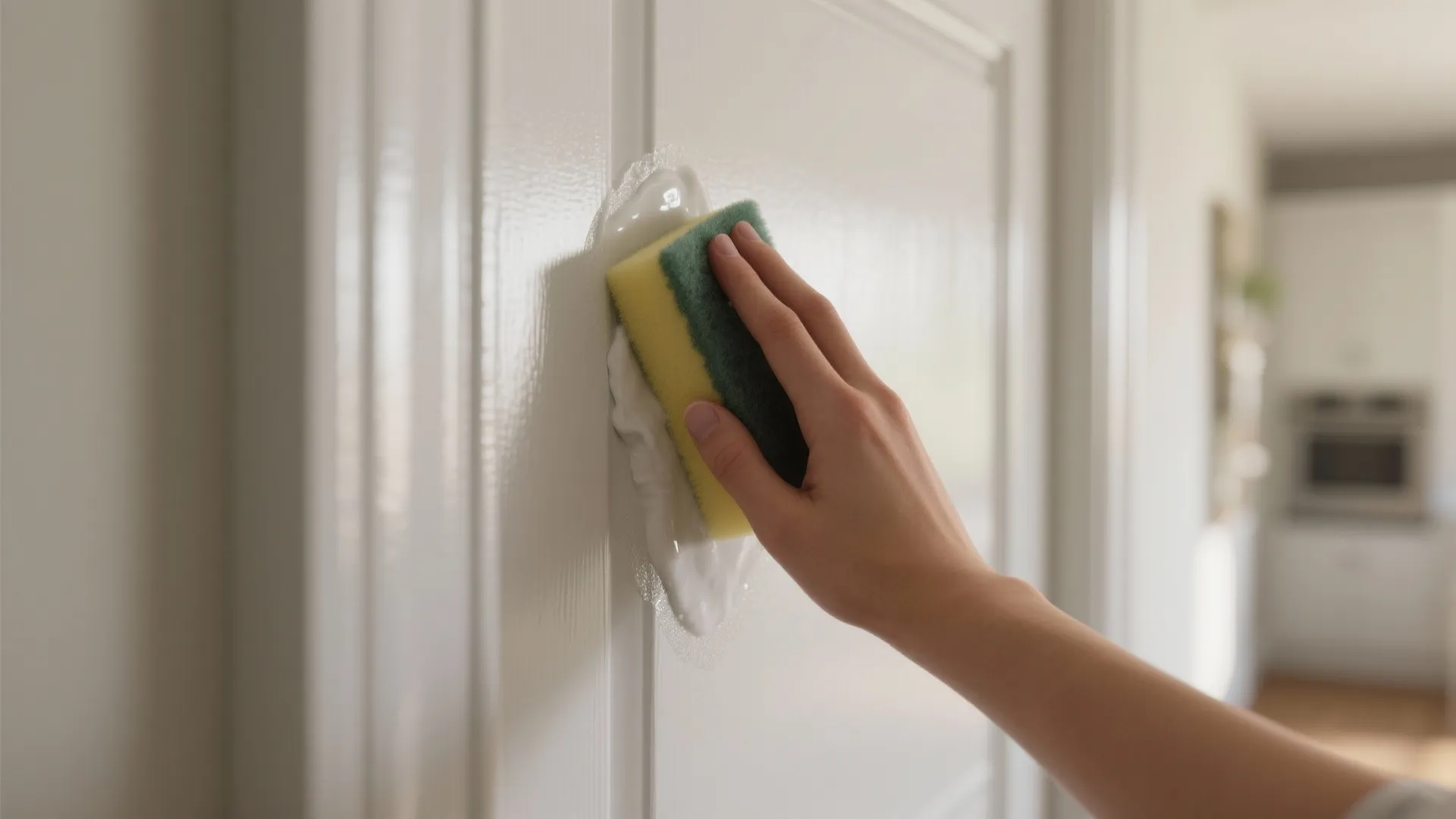 Hand cleaning a white door with a green sponge and white soap in a home
