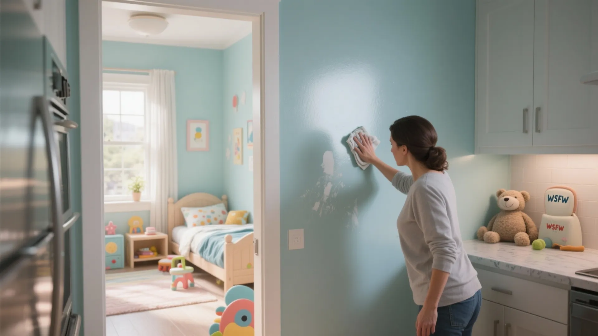 Woman wiping blue washable wall paint in a kitchen with a view of a bedroom
