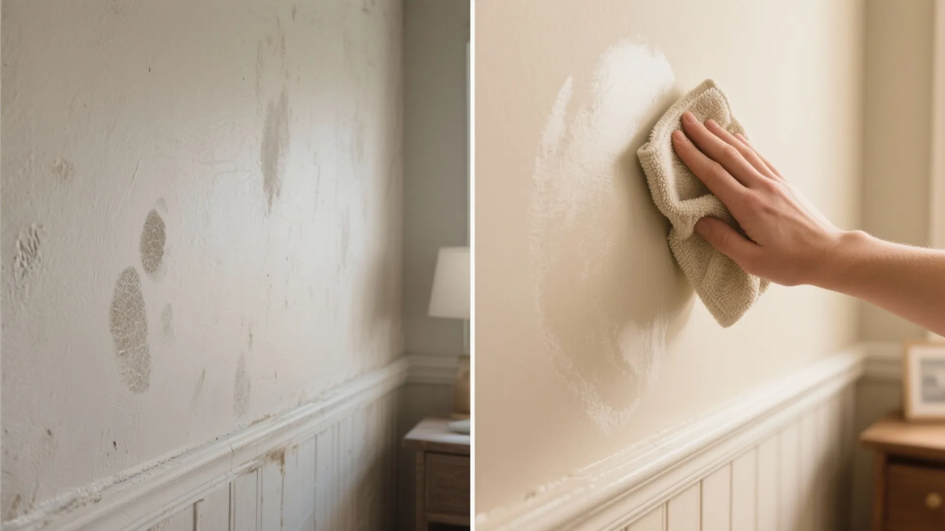 Before and after comparison of cleaning dirty handprints off a white wall panel with a cloth