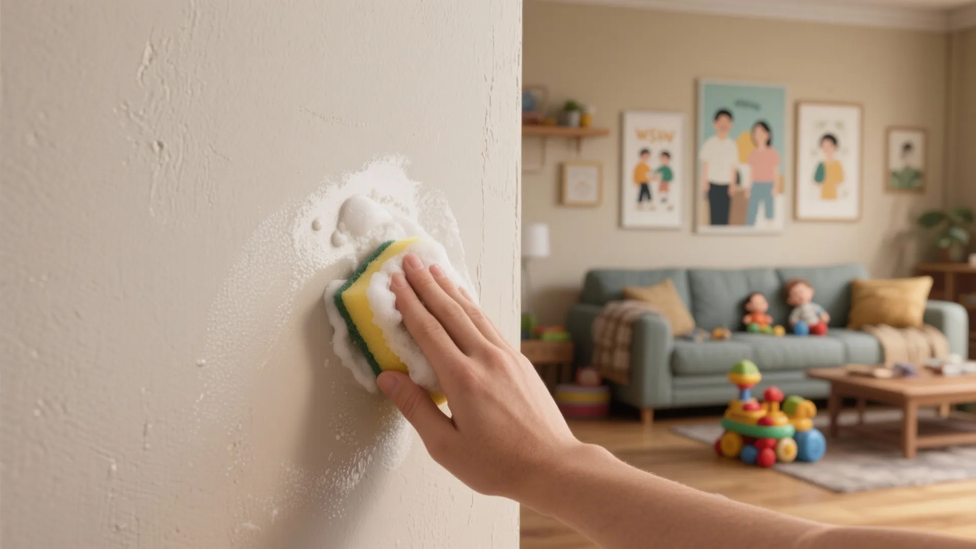 Hand cleaning a white wall with soapy sponge in a family living room with blue sofa