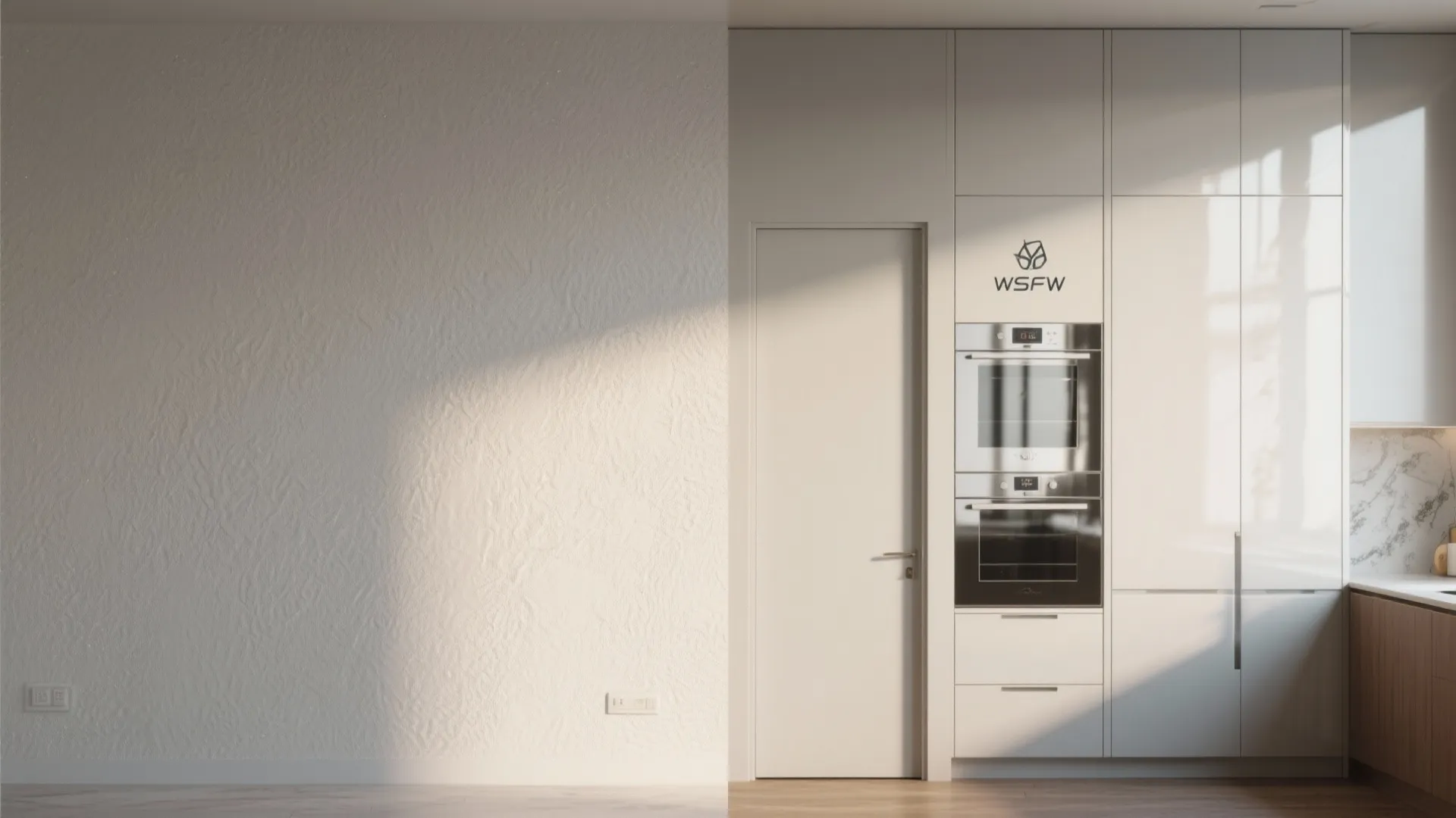 Minimalist white kitchen wall with textured surface tall cabinet double oven and simple wooden floor