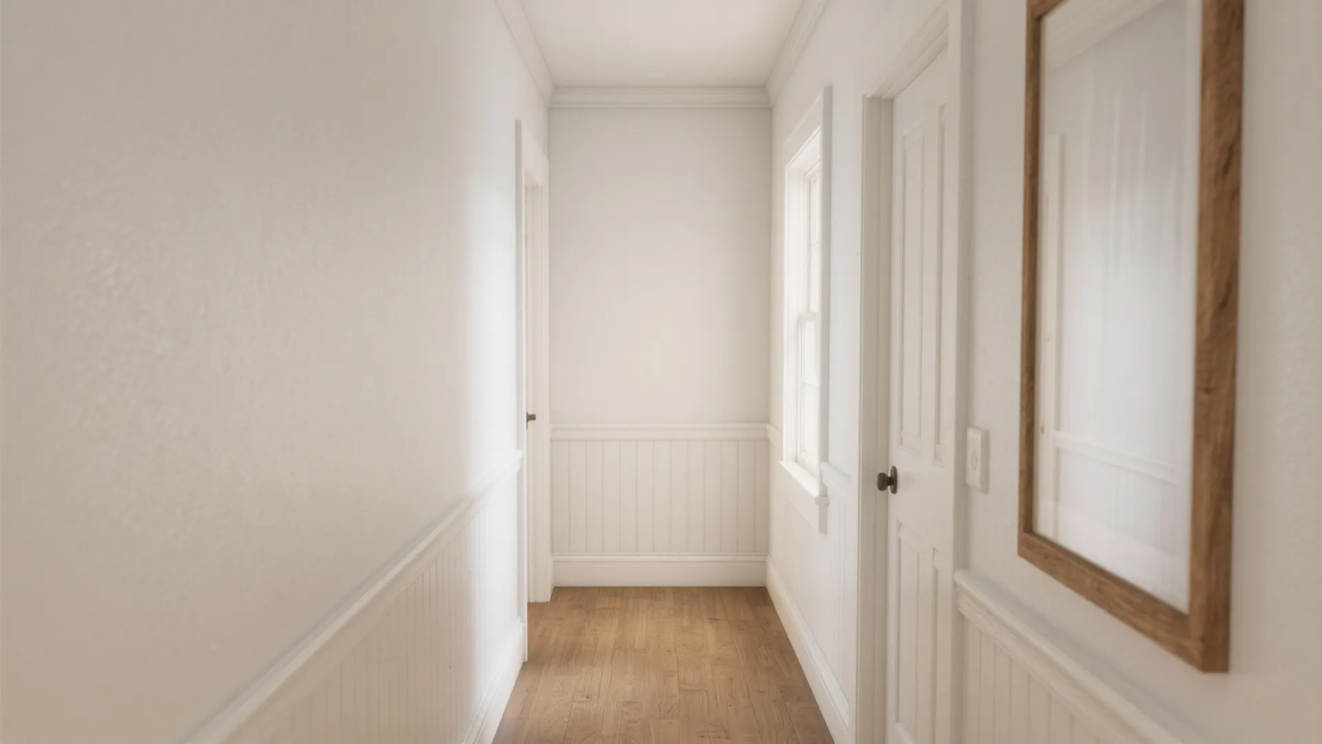 Bright empty hallway with white wall panel design, wooden floor, white door, and a window