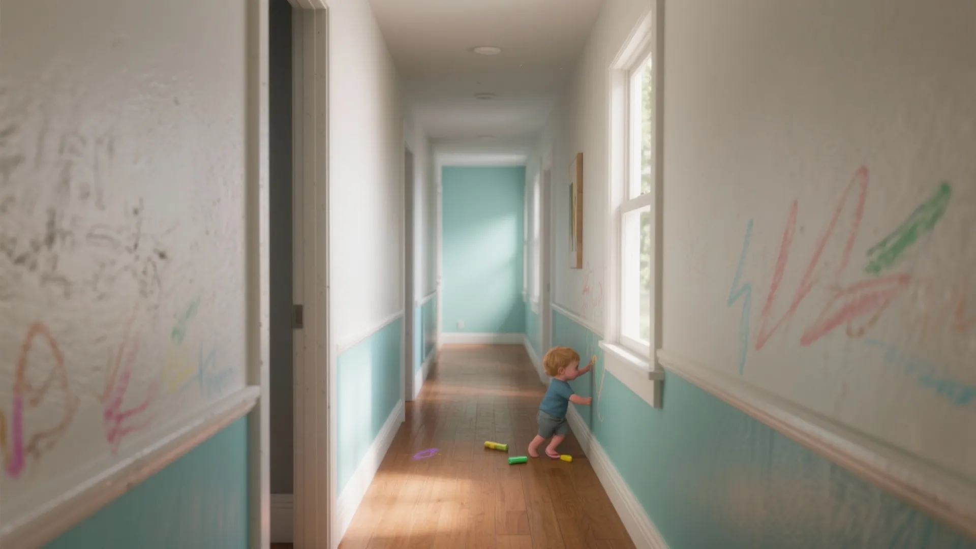 Young child drawing with colorful crayons on blue and white wall panel in long hallway