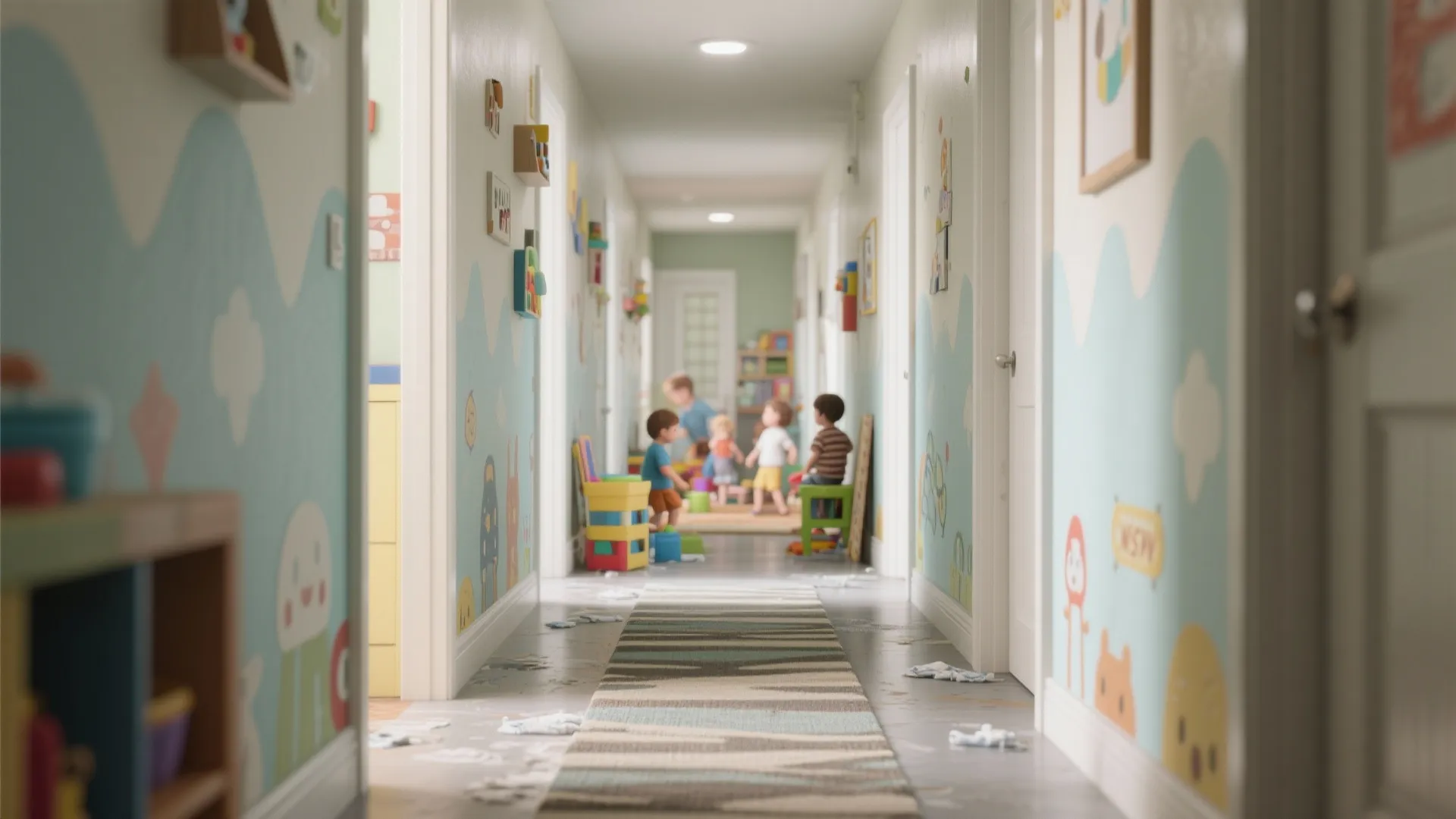 Bright playroom hallway with blue wave wall panel and children playing together in the distance