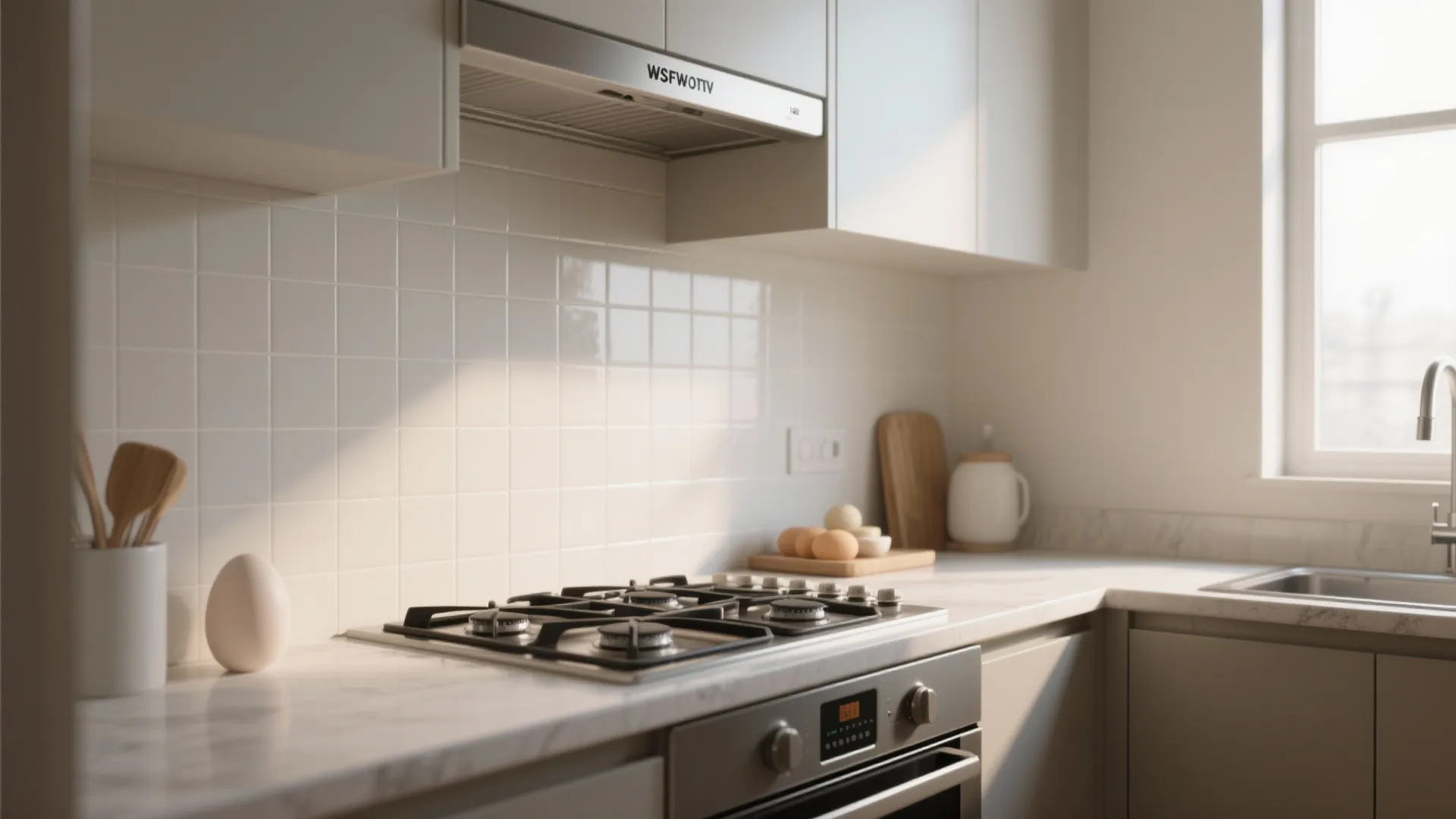 Modern clean kitchen with white wall tiles gas stove marble countertop and natural sunlight window