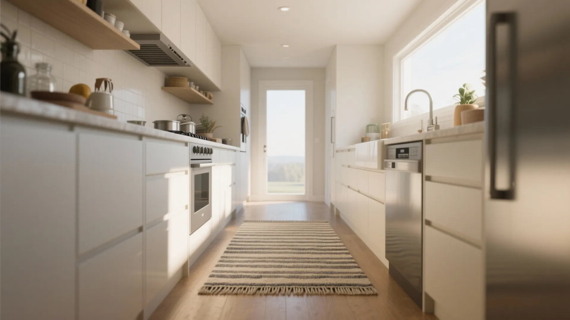 Galley kitchen with a washable rug in front of cooking zone