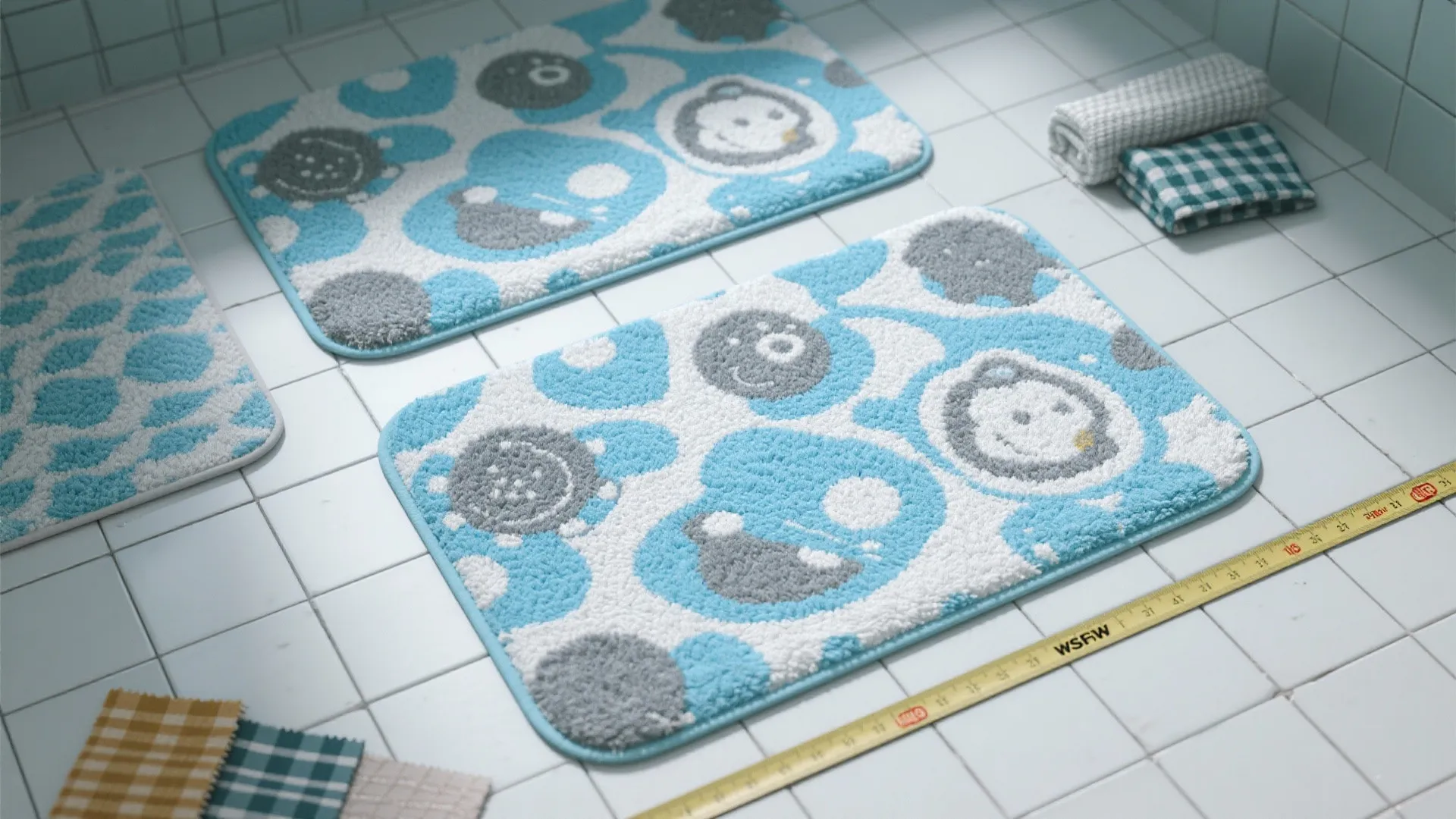 Two blue and white floor mats on a tiled bathroom floor with a yellow ruler