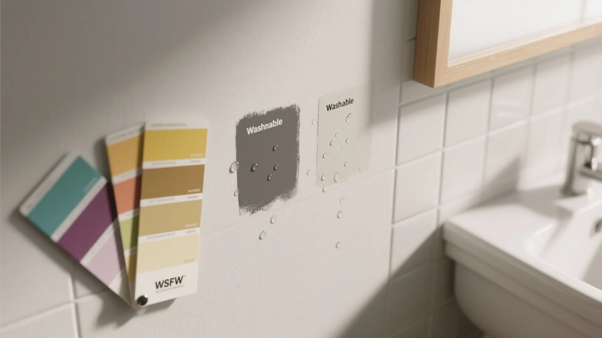 Washable paint swatches on bathroom wall with water droplets showing durable finish near white sink