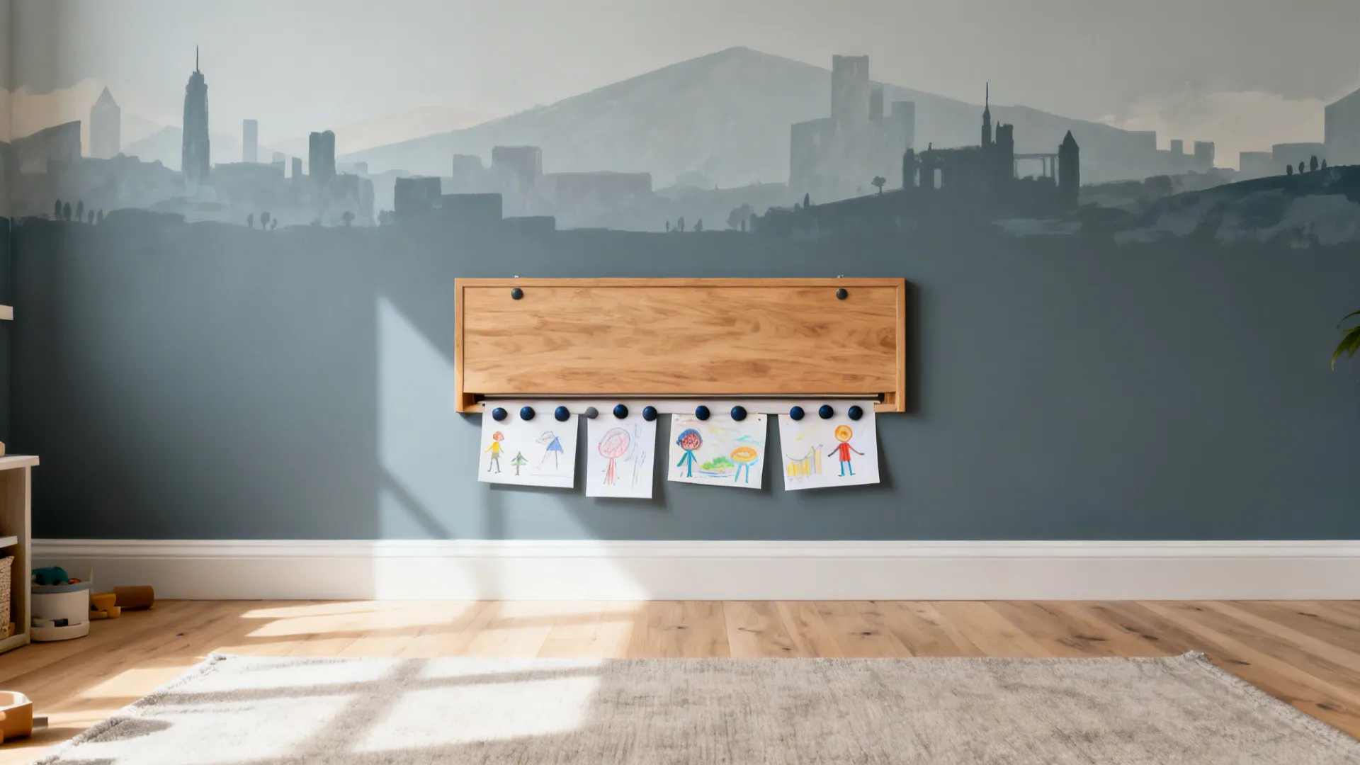 Abstract dusty blue skyline mural with a concealed magnetic gallery rail displaying kids’ art.