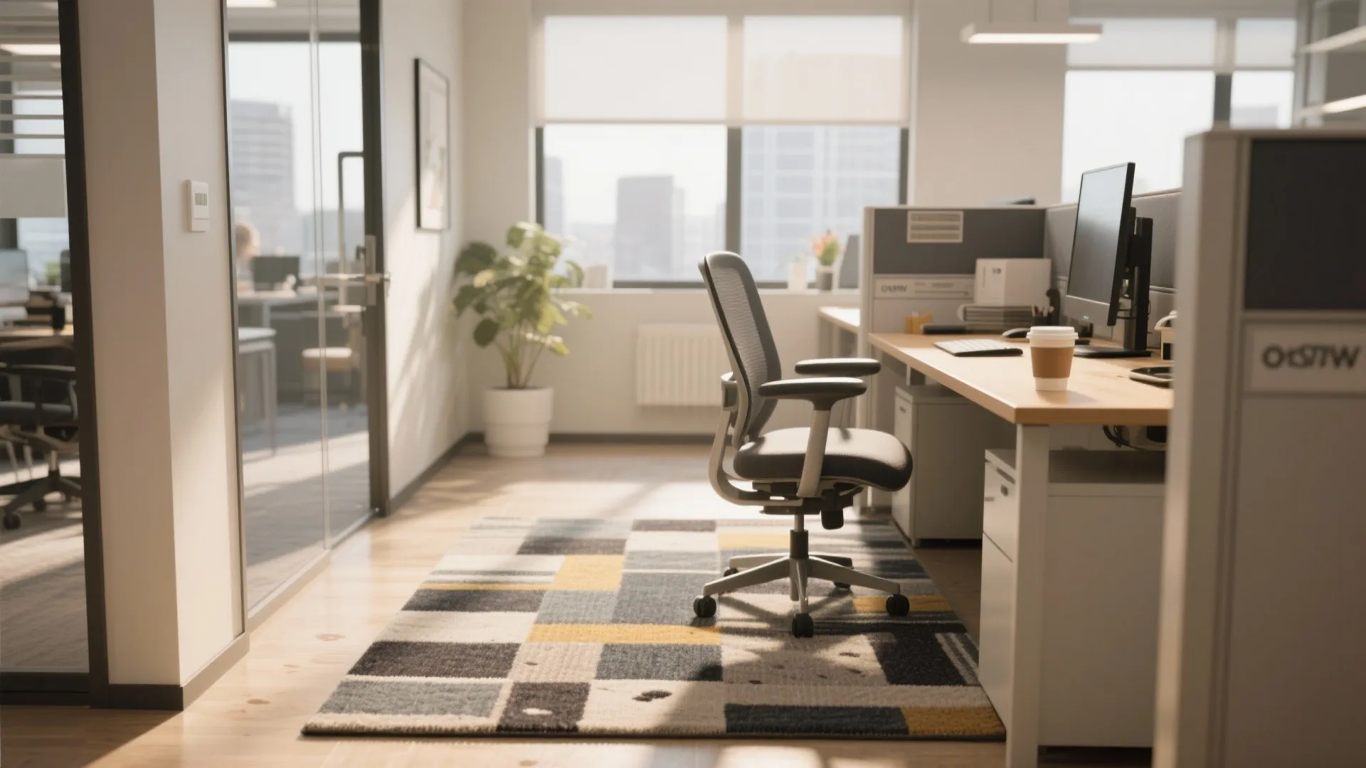 Small office with washable performance rug in high-traffic zone