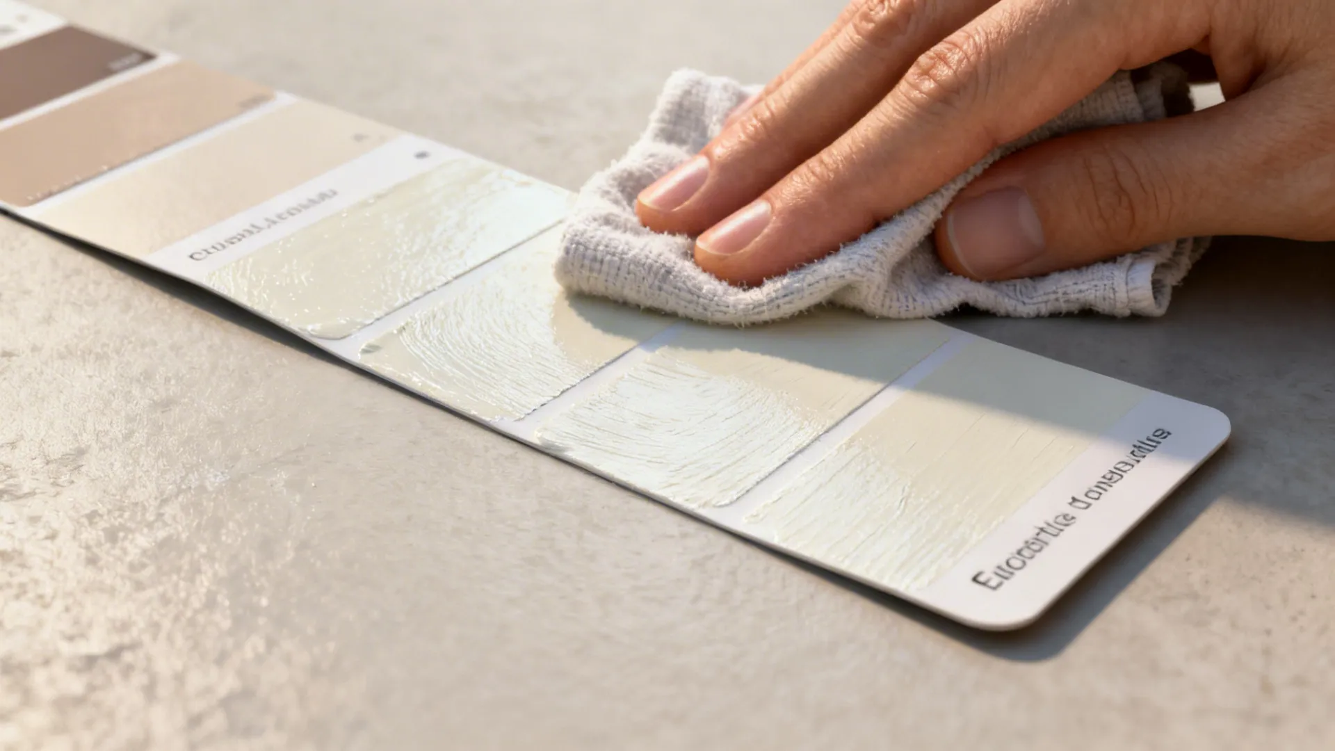 Close-up of a washable paint sample card being wiped clean to show finish