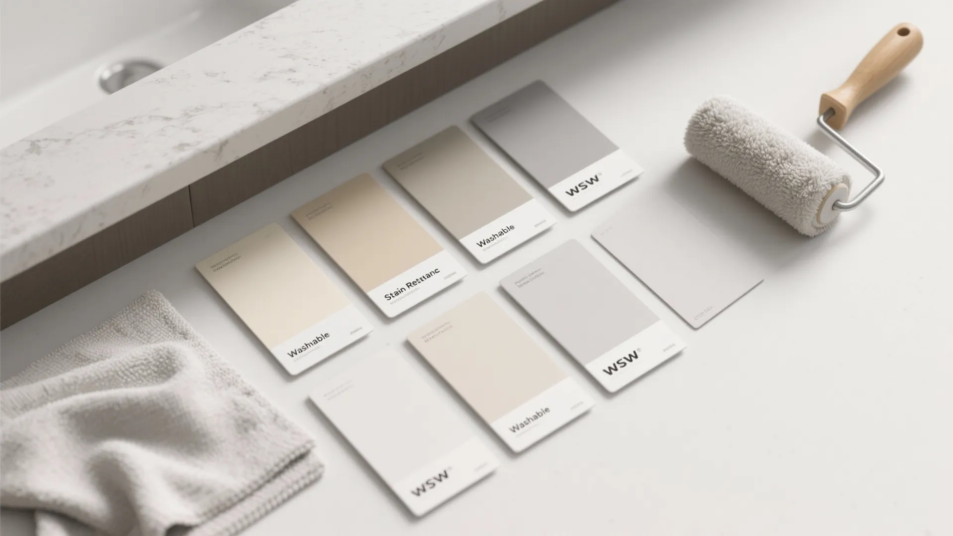 Interior design paint color cards with paint roller and towel on a white stone surface countertop