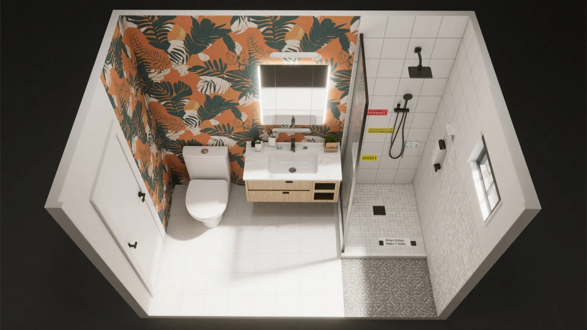 Small bathroom interior design drawing with orange leaf wallpaper a toilet and walk in shower