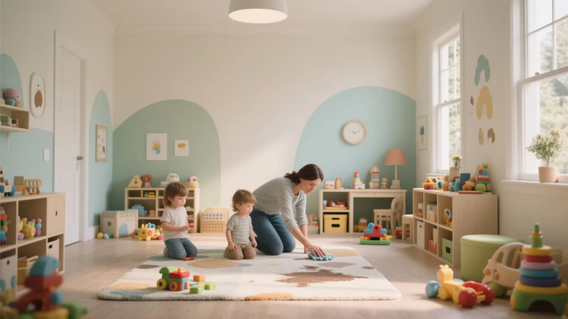Bright kids playroom with green wall patterns wooden floor many toys woman cleaning a large rug