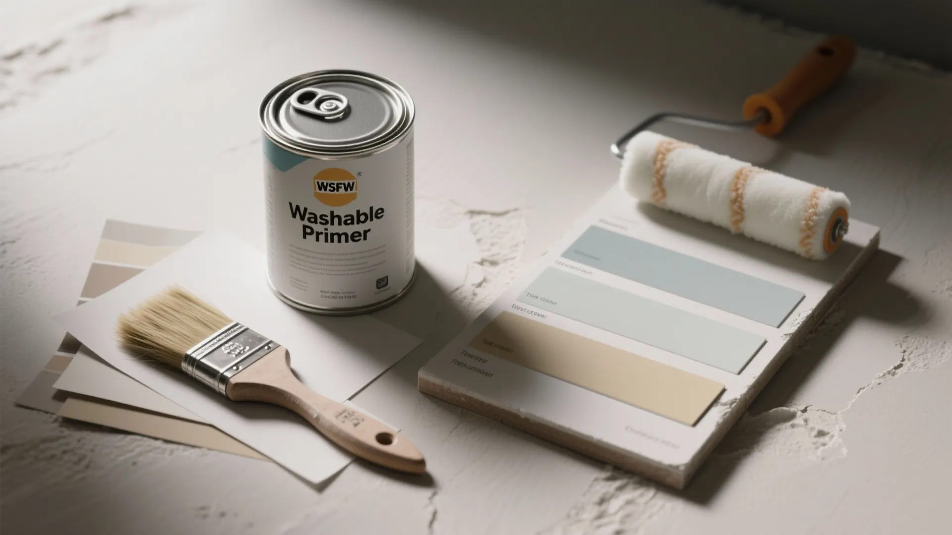 Can of washable primer with paint brush plus paint roller and color swatches on table