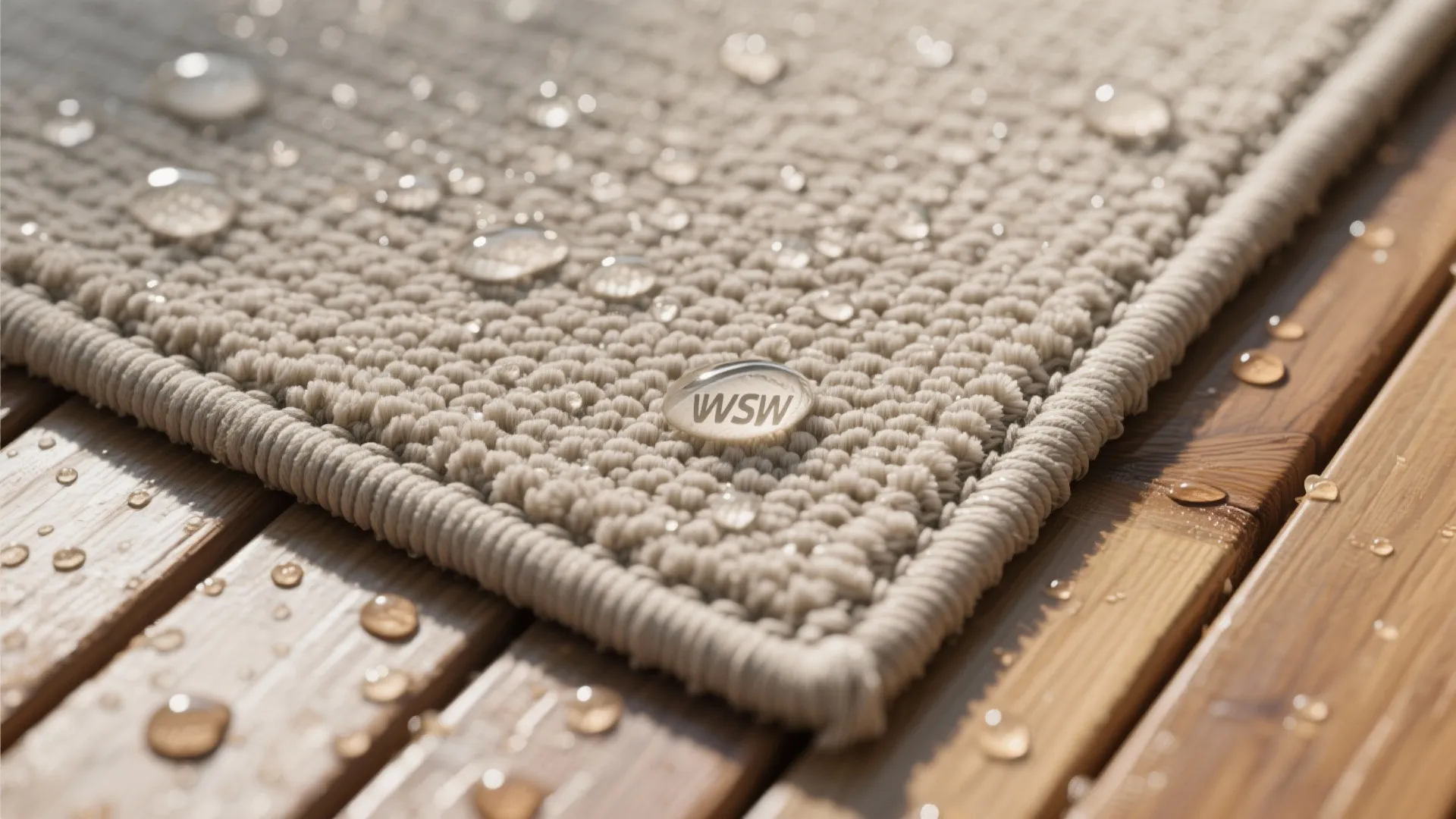 Close up view of water droplets on a beige textured rug placed on wooden floor