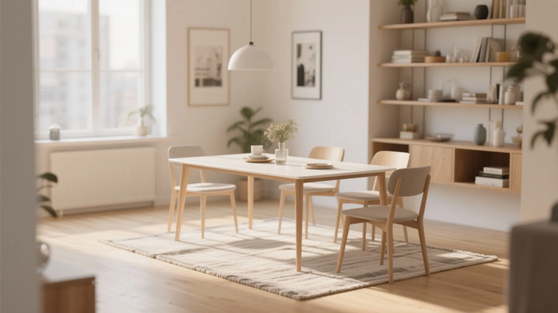 Modern dining area with white table wooden chairs striped rug ceiling light and large wall shelves