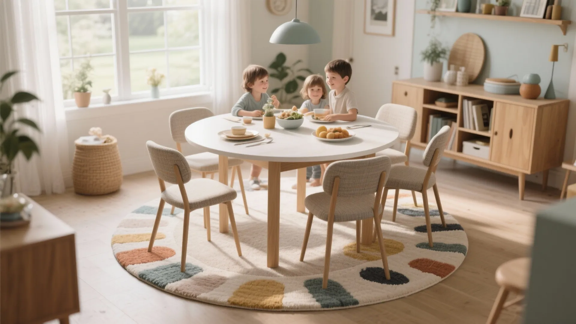 Round table with soft washable rug in dining area