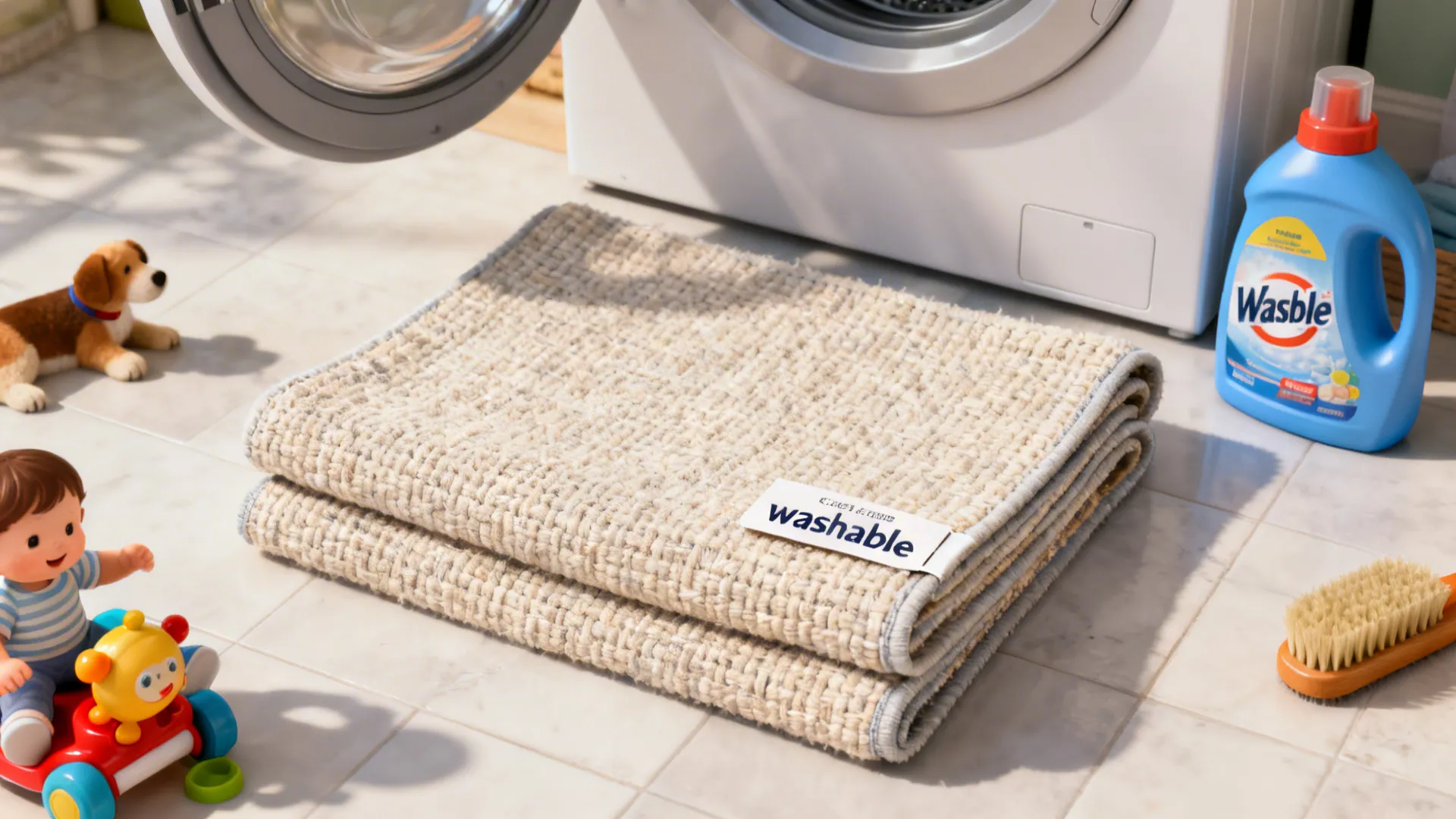 Top-down view of a machine-washable rug folded near a washing machine with care items.