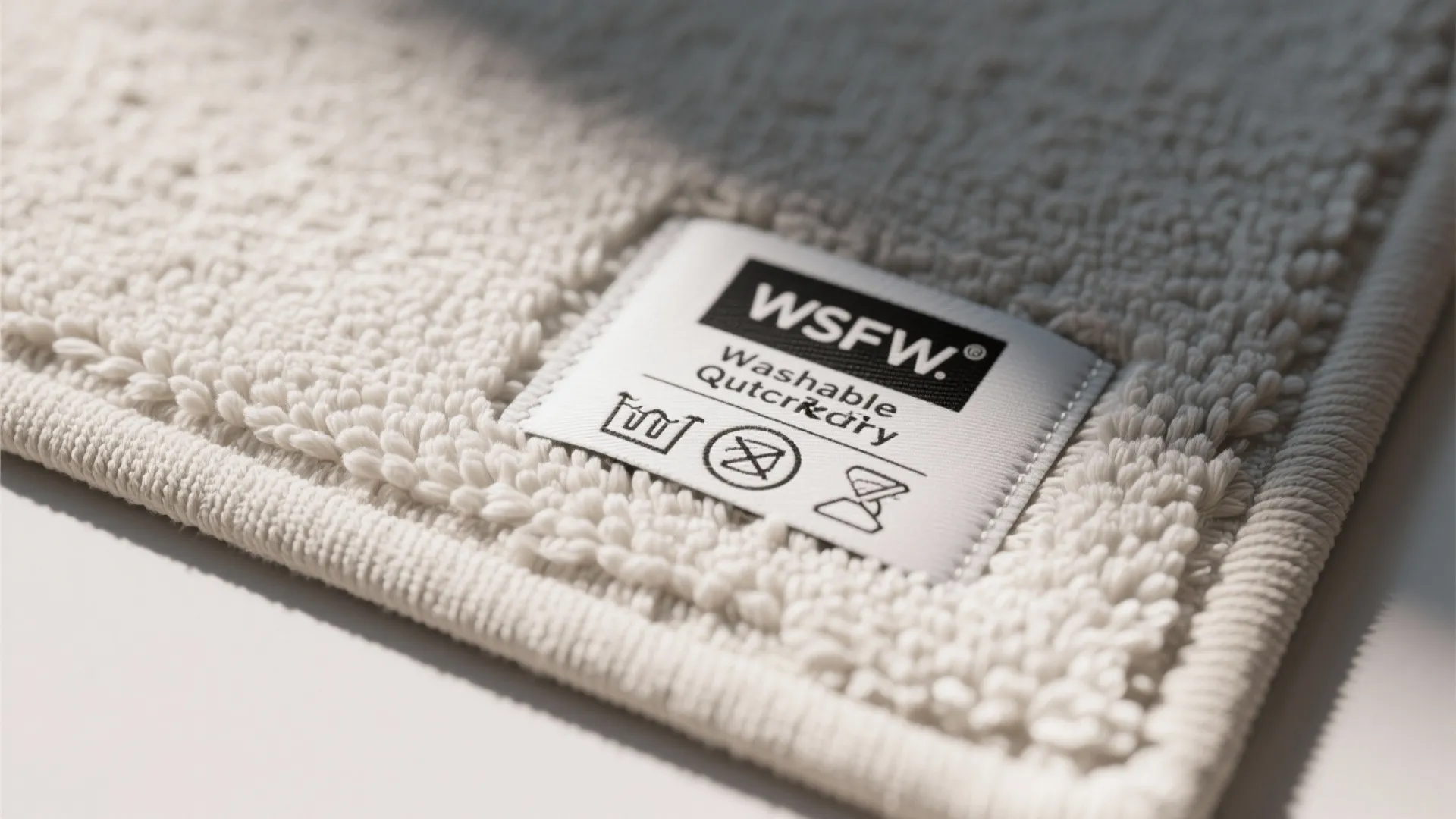 Close-up of a white fabric label on a textured rug showing washing symbols and text
