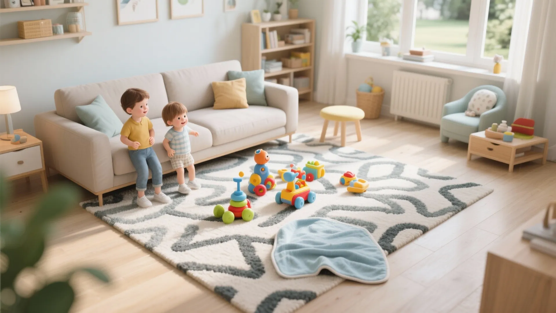 Modern playroom with grey patterned rug, children playing with toys, beige sofa, and natural sunlight