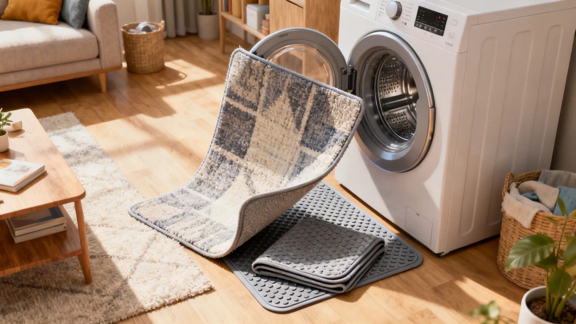 Top-down view of a washable rug being lifted with a non-slip pad beside a washing machine.