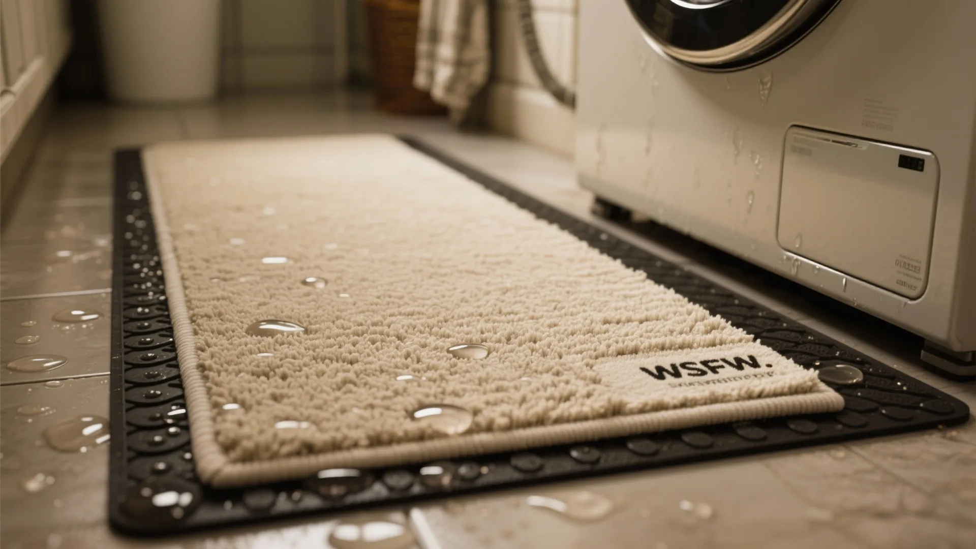 Close up of beige floor mat with water drops on tiled floor near white washing machine