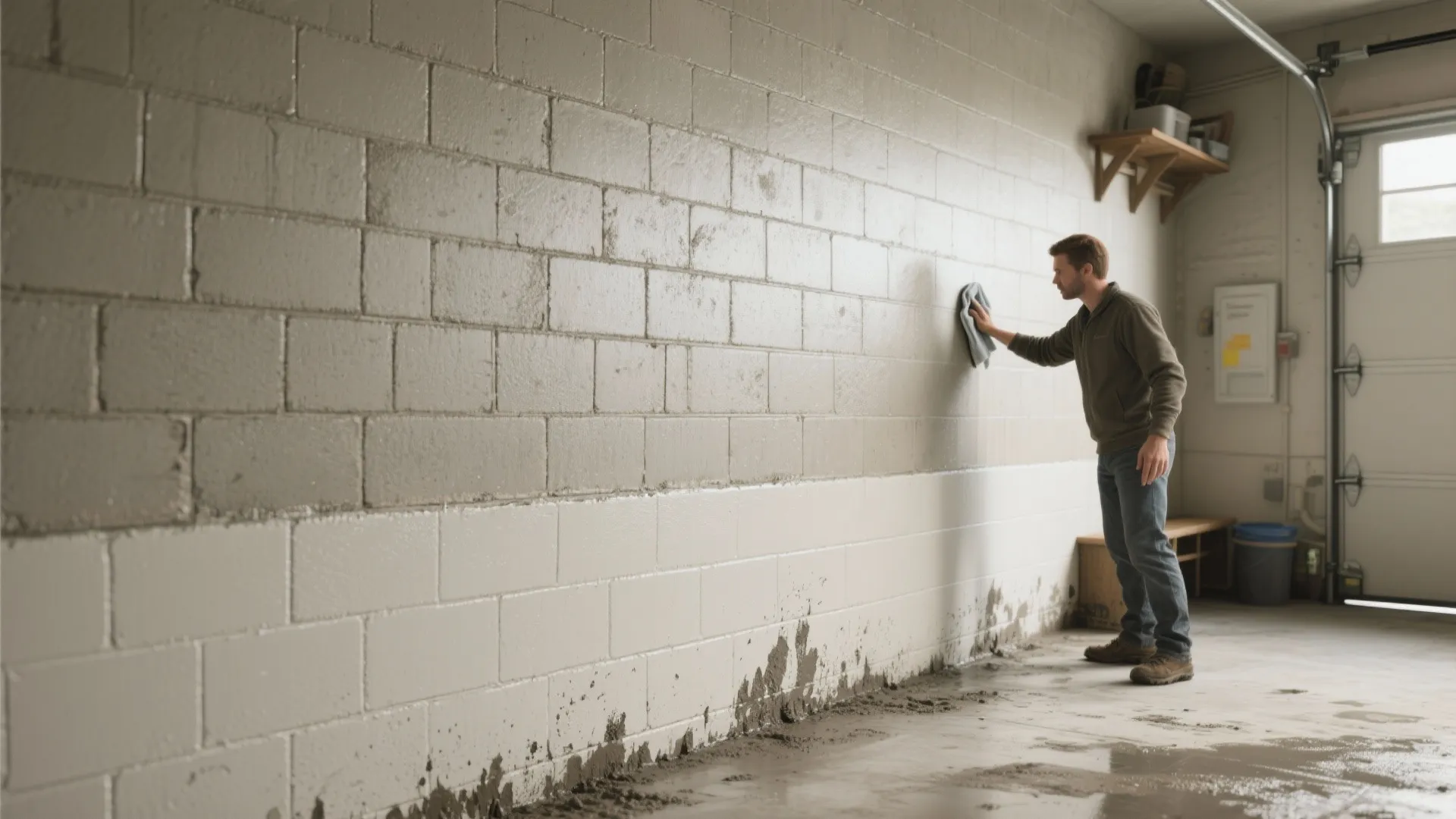 A man cleaning a light grey painted brick wall with a cloth in a garage